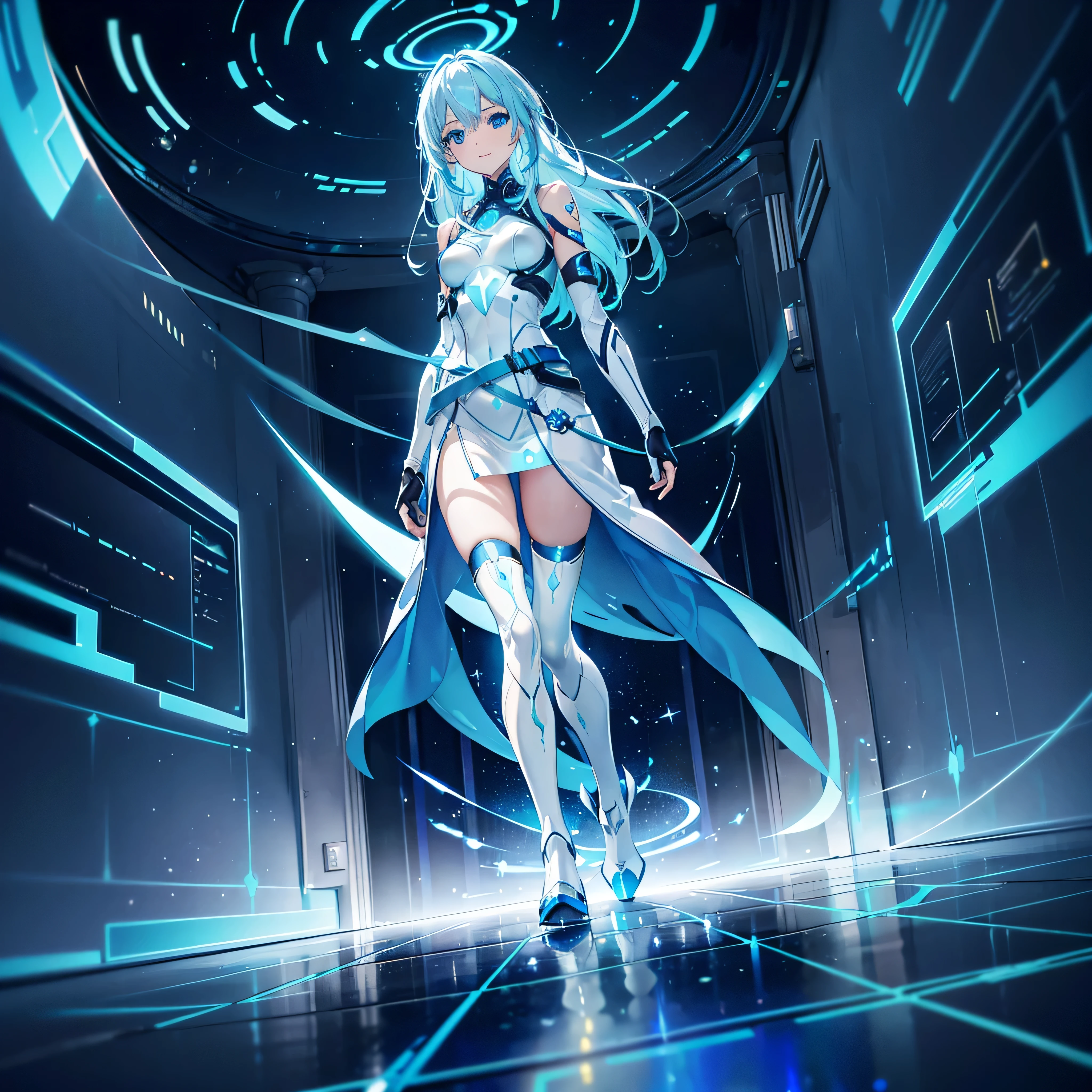 8K, Highest quality, (real:1.4), Original photo, 1 girl, Asari Hair, Biological Amplifier, Very sleek and futuristic armor, posture: Peace talks between warring factions,,attention arousal, smart blue eyes,A modest smile,Knee-high boots,Patent-look blue tights,Blue big moon and blue light swirl in the background,Blue light from behind,blue light magic,A small, glowing blue ball in the palm of your hand,Blue flame swirl,Blue Comet,Polished floor,