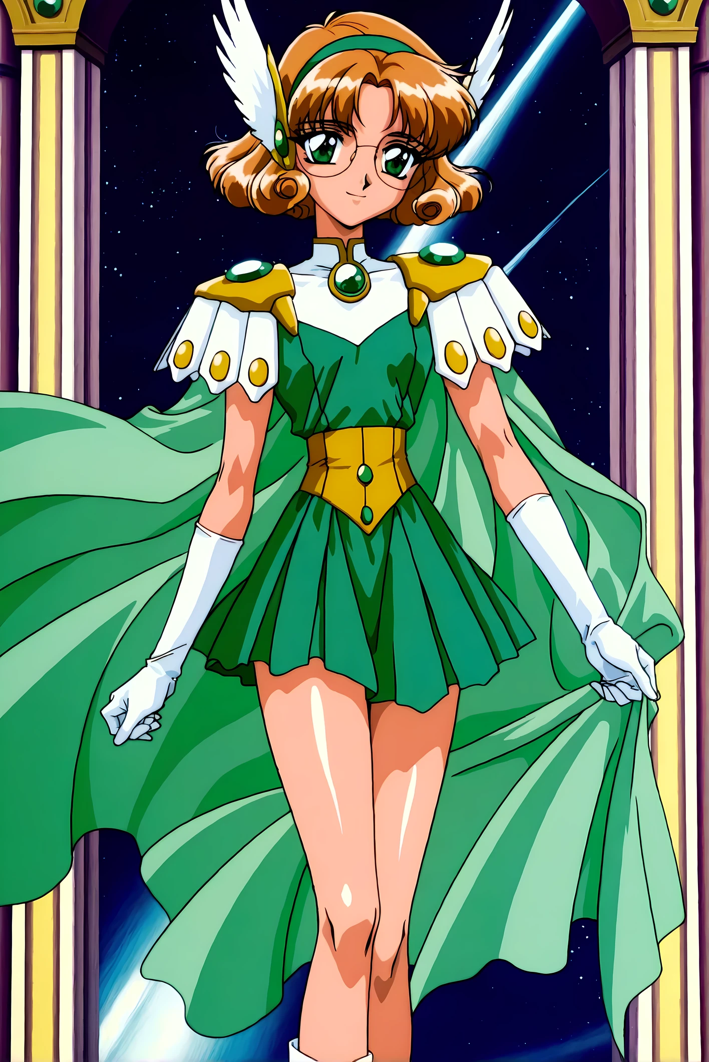 (masterpiece,highest quality,Super detailed,8k,High resolution,an extremely delicate and beautiful,Official Art,Perfect Anatomy:1.5),((1990s \(style\),90s anime,90s anime style,retro artstyle,Cel-shaded anime,anime screencap,anime coloring:1.25)),(solo:1.5),perfect face,beautiful,sexy,athletic body,shiny skin,(scale to fit the dimensions:1.2), smile, glasses,
AEFuuFinal,green eyes,light brown hair,curly hair,parted bangs,short hair,green hairband,hair ornament,head wings,wing hair ornament,armored dress,green cape,elbow gloves,gem,green dress,green gemstone,pauldrons,sleeveless,white gloves,white footwear,