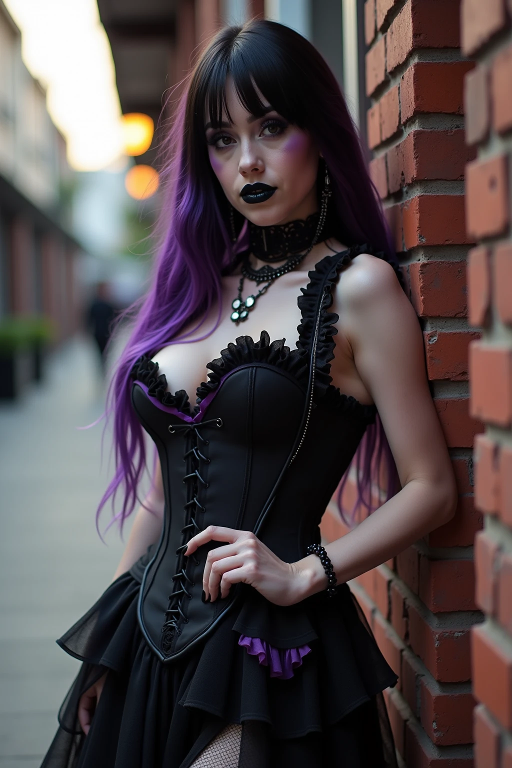 Long haired 18-year demon woman with pastel Purple hair with heterochromia one blue eye and red eye with sharp teeth wearing a Victorian dress that is Red and black (SFW)
