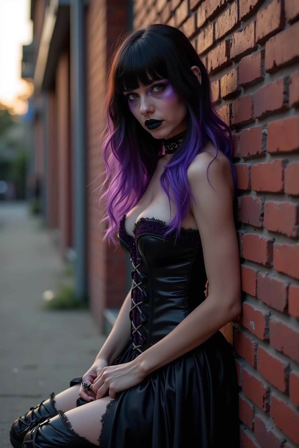 attractive woman, solo, fingerless gloves, (((long sharp nails))), painted nails, pale skin, gothic, (((long straight black hair with purple highlights))), lavender eyes, combat boots, (((black lipstick))), elbow gloves, (((freckles))), (((hearts))), skulls, gothic punk, (((dark gothic makeup))), (((vampire fangs))), piercing gaze, night, moon, ((((lens flare)))), dramatic, medium cleavage, masterpiece, best quality, 4k, uhd, extremely detailed 8K wallpaper, (((low micro skirt))), (((((low skirt))))), (((crop top))), modern gothic, (((((open micro skirt))))), (((((unzipped micro skirt))))), slim waist, medium bust, midriff, navel, thigh gap, slender waist, neat figure, (((((seductive))))), graffiti, steam, steamy, (((lace top))), (((full body shot))), (((thin braided dreadlocks))), (((High angle))),
