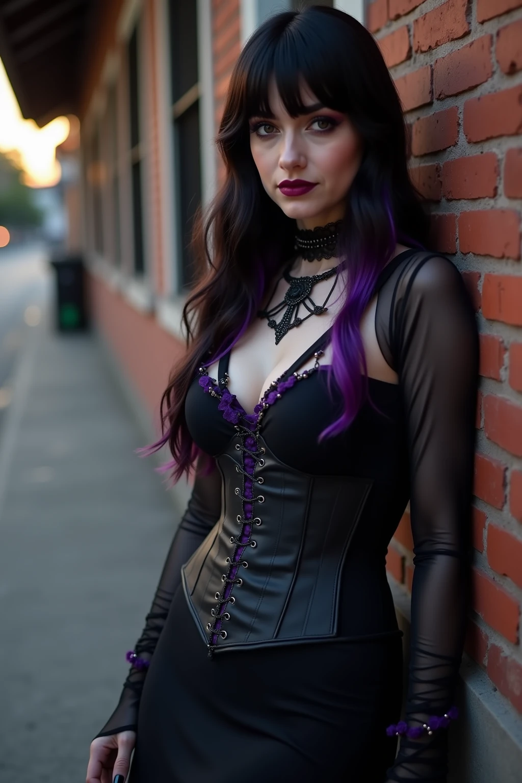 Alissa White-Gluz wearing sexy gothic style clothes with dark lipstick and smiling