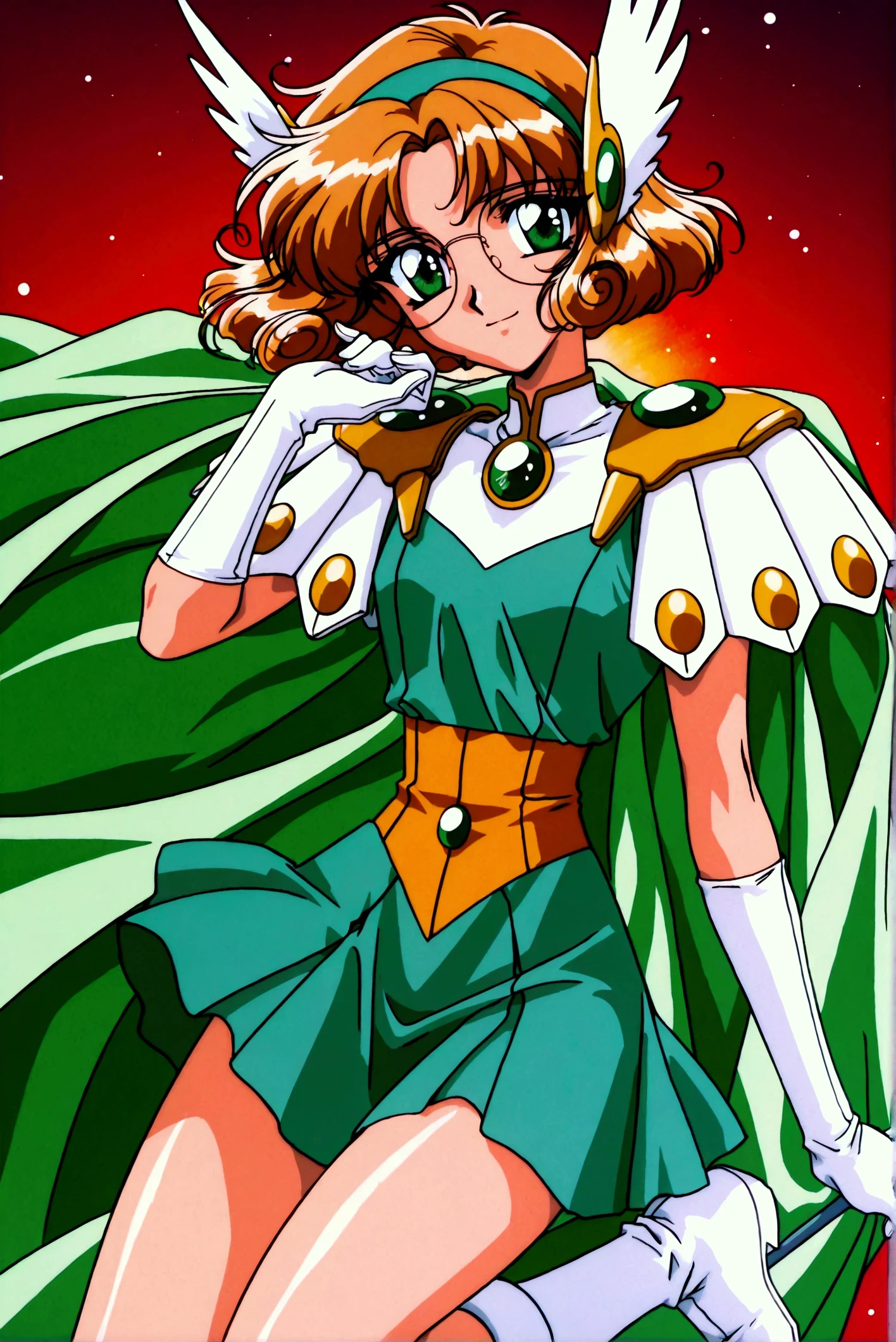 (masterpiece,highest quality,Super detailed,8k,High resolution,an extremely delicate and beautiful,Official Art,Perfect Anatomy:1.5),((1990s \(style\),90s anime,90s anime style,retro artstyle,Cel-shaded anime,anime screencap,anime coloring:1.25)),(solo:1.5),perfect face,beautiful,sexy,athletic body,shiny skin,(scale to fit the dimensions:1.2), smile, glasses,
AEFuuFinal,green eyes,light brown hair,curly hair,parted bangs,short hair,green hairband,hair ornament,head wings,wing hair ornament,armored dress,green cape,elbow gloves,gem,green dress,green gemstone,pauldrons,sleeveless,white gloves,white footwear,
