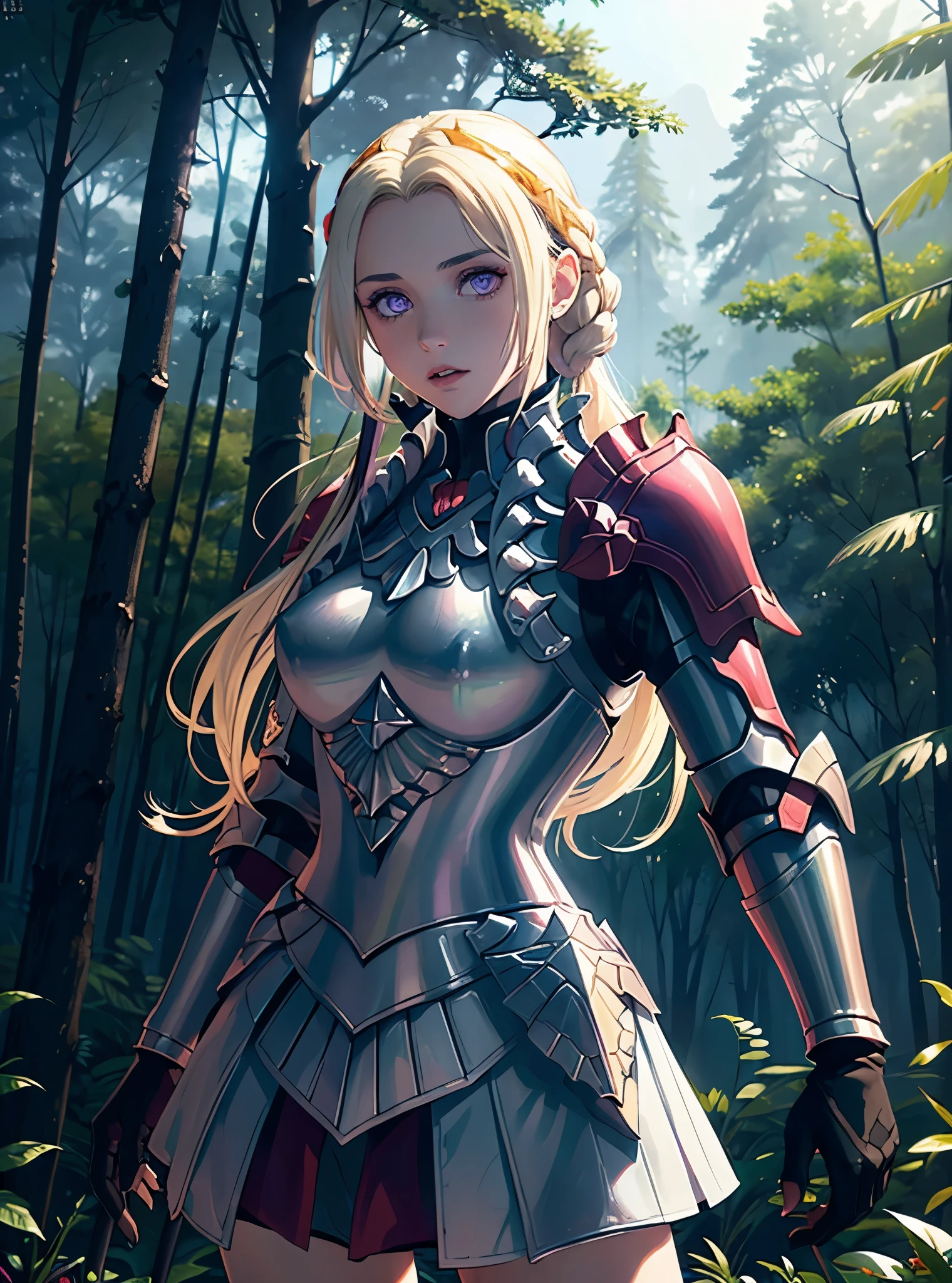 ((FANTASY COLORING, RETRO COLOR PALETTE, VIBRANT LIGHTING))
((masterpiece, best quality, uhd, detailed, detailed eyes)), (1girl, anime girl in the forest, night, dark, misty, magical),(mature), (solo), (female focus, purple eyes girl, vicious), (blonde hair, wavy hair, long hair),[[PURPLE EYES]], ((knightess, armor, guardian, black breastplate, divine looks)), pale skin, close up, upper body.
