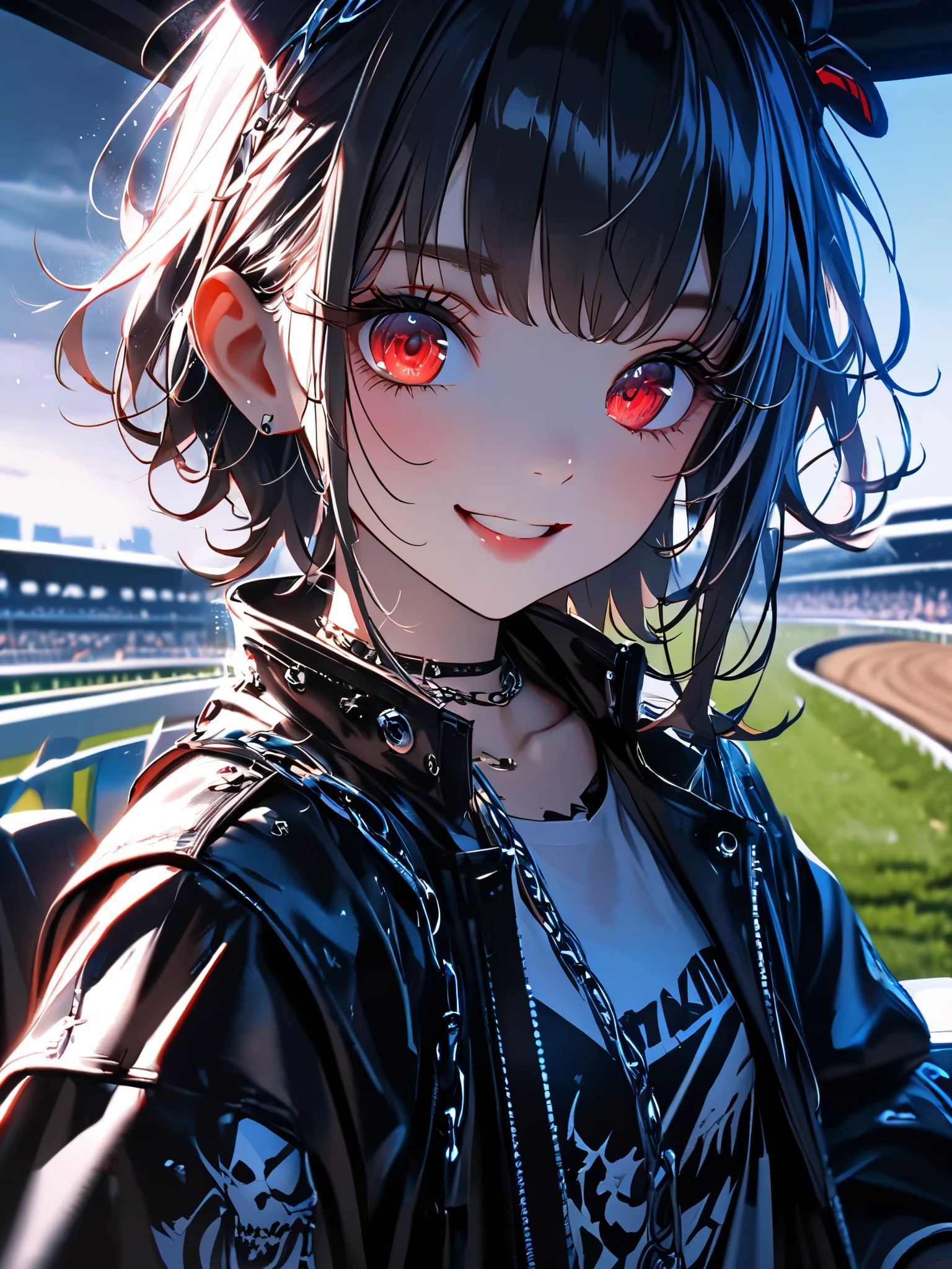 1 girl, a cute dress with a long coat 、 in , beautiful eyes、 keyboard every little detail , Soft light, Masterpiece, , complicated , Tone Mapping . Charterner v2 , , clear focus , dramatic lighting , Very cinematic, super Practical painting, art station trend , 8k, の素晴らしい影が付いた keyboard , Practical, whole body, View, Viewers, Portrait of a Girl 1, standing at the racecourse , Heavy rain and thunder、Dark Skies, neon and cyber punk background, she is dressed in punk clothing with silver chains and silver spikes, 彼女の髪teeth黒く染まっている ..........Ominous aura of light, smile, punk, ciber punk, backlit. : cute , . standing at the racecourse , . Beautiful red eyes. cute , keyboard . . teeth . をつけた keyboard 、 {x}, A girl around 20 years old is wearing a long leather coat .Breasts are big.Breasts are big. をつけた keyboard