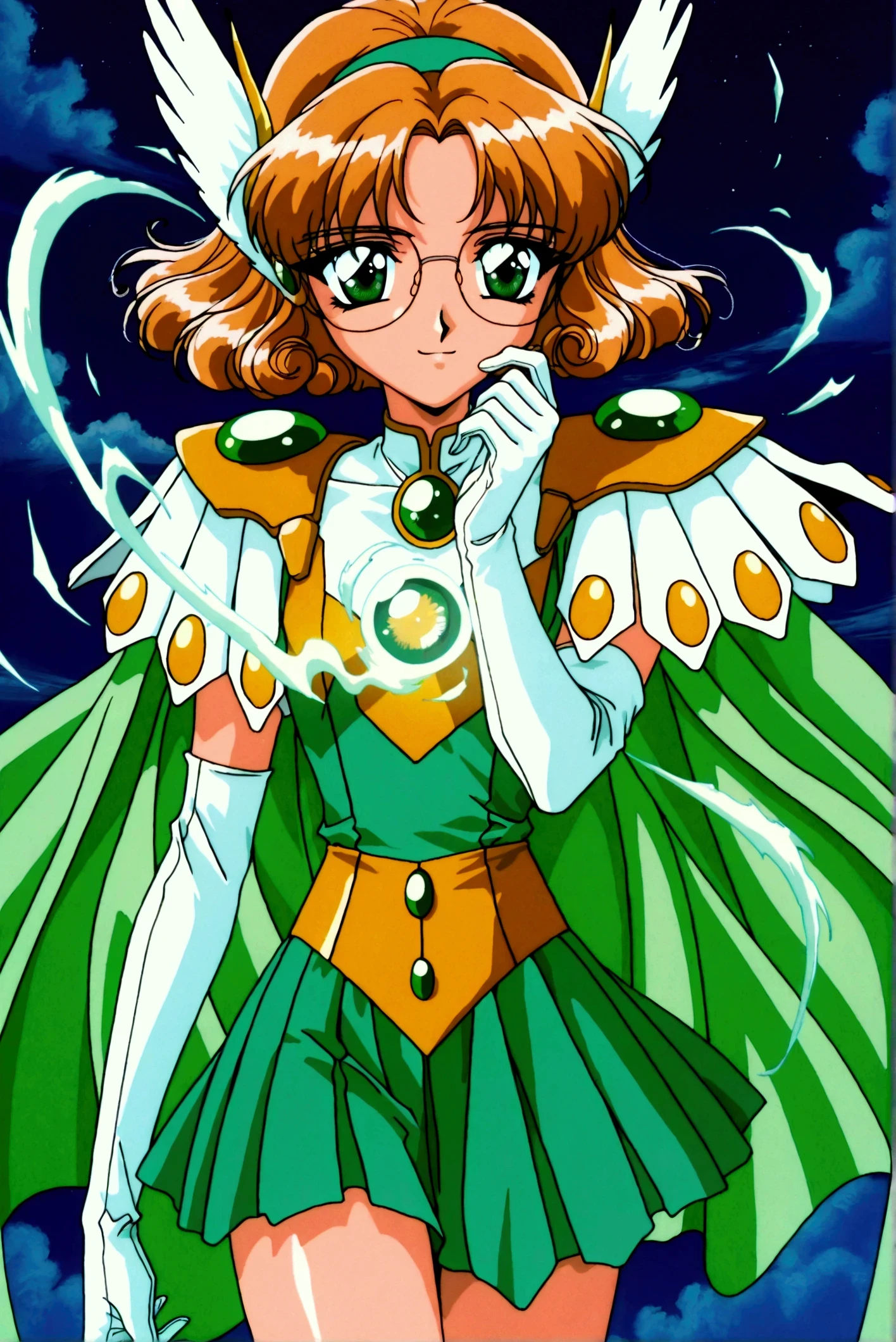 (masterpiece,highest quality,Super detailed,8k,High resolution,an extremely delicate and beautiful,Official Art,Perfect Anatomy:1.5),((1990s \(style\),90s anime,90s anime style,retro artstyle,Cel-shaded anime,anime screencap,anime coloring:1.25)),(solo:1.5),perfect face,beautiful,sexy,athletic body,shiny skin,(scale to fit the dimensions:1.2), smile, glasses,
AEFuuFinal,green eyes,light brown hair,curly hair,parted bangs,short hair,green hairband,hair ornament,head wings,wing hair ornament,armored dress,green cape,elbow gloves,gem,green dress,green gemstone,pauldrons,sleeveless,white gloves,white footwear,