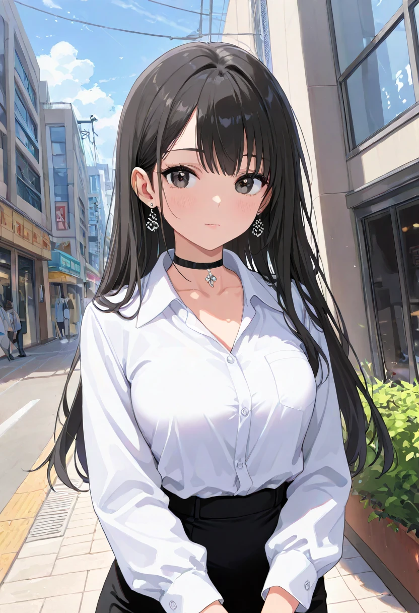 (1) A woman takes shelter from the rain in front of a store., But the cutter shirt is wet and the white bra is clearly transparent..
(2) She is wearing a white cutter shirt and a black long skirt.
(3) she has long black hair.
(4) she has a provocative personality, a smiling expression on her face.
(5) She is 26 years old and looks mature..
(6) The location is outside the bar area on a rainy night.