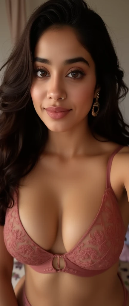 full face portrait photo of a 25 years old Bollywood supermodel girl, RAW, beautiful woman, half-open strawberry lips, dimples, longing gaze, (extra long wavy brown hair), ((detailed face)), ((detailed facial featureinely detailed skin), pale skin, medium breast, nipple, random coloured transparent night dress, (detailed deep cleavage red dress), (cold colors), damp, moist, reflection masterpiece) (perfect proportion)(realistic photo)(best quality) (detailed) photographed on a Canon EOS R5, 50mm lens, F/2.8, HDR, (8k) (wallpaper) (cinematic lighting) (dramatic lighting) (sharp focus) (intricate) dynamic pose, super sexy 8K uhd