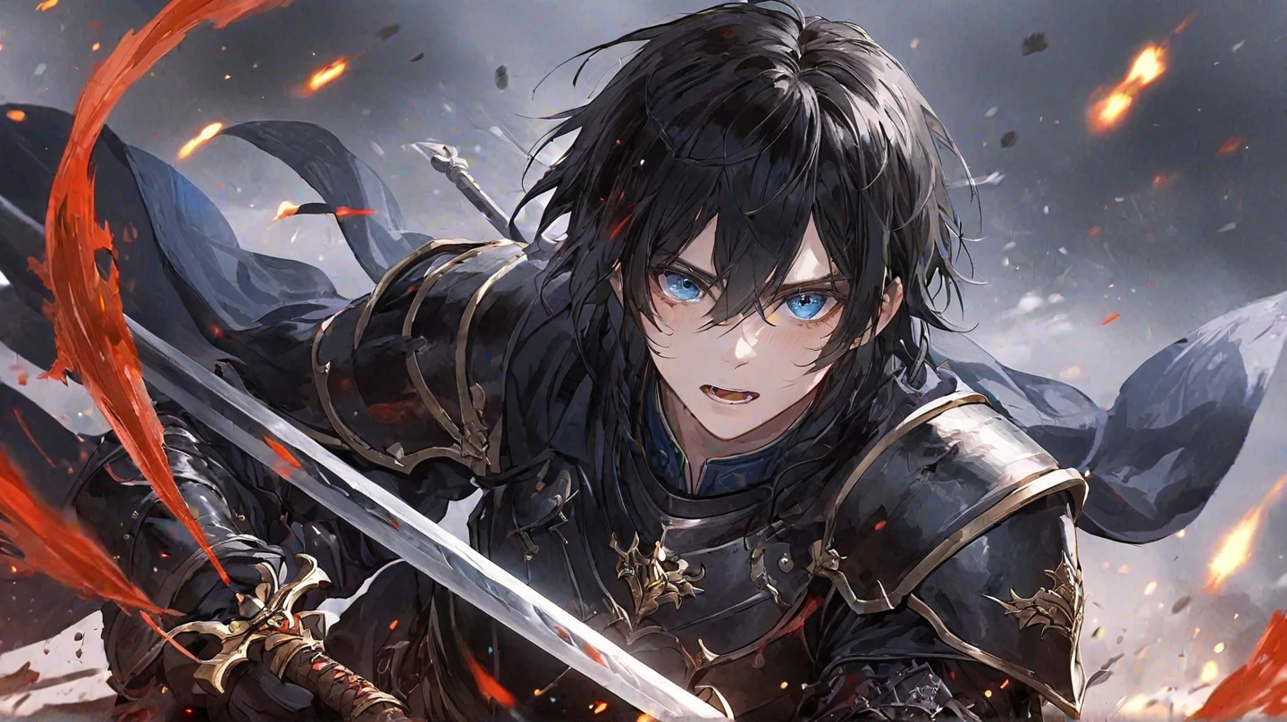 One Man、 black hair、White skin、The eyes are blue、battlefield、Black Armor、sword、Blood stains on the face、shout