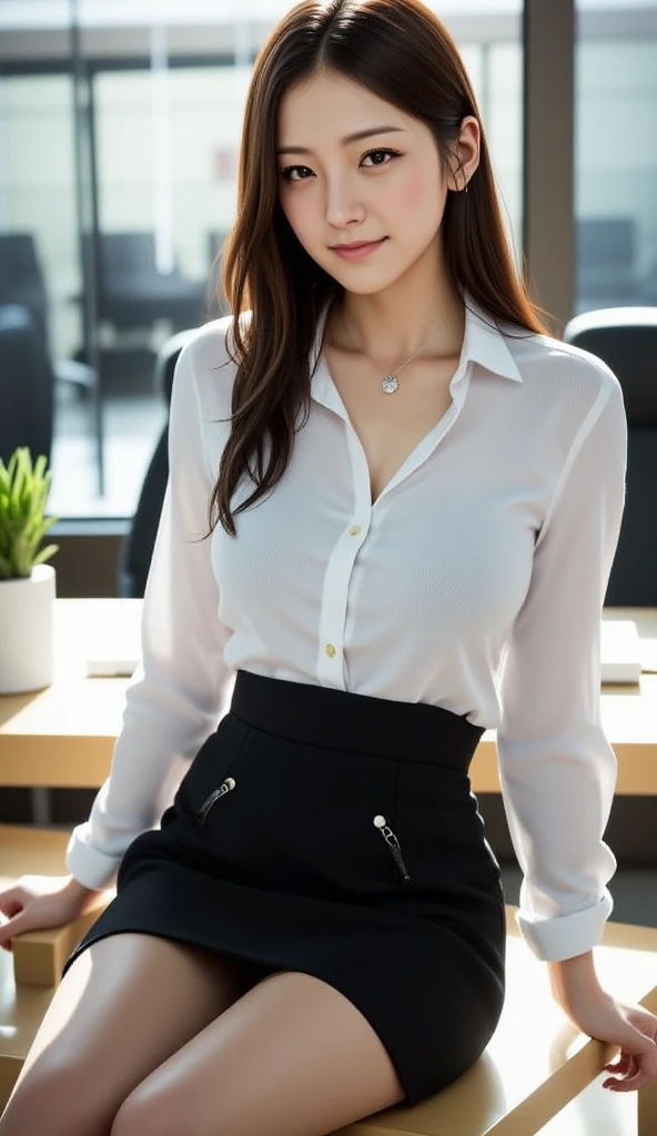(ung woman), kawaii face, (highly detailed face), Amazing face and eyes, (Best Quality:1.4), (Ultra-detailed), (extremely detailed CG unified 8k wallpaper), Highly detailed, High-definition raw color photos, Professional Photography, Realistic portrait, Amazing face and eyes, Pink eyes, indoors, office, (office lady, shirt, miniskirt,:1.3), model, depth of fields, (fine face:1.2),