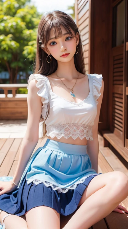 Create and express the best shining composition of the person in a realistic way。((masterpiece))、(((top-quality)))、((ultra-detailliert))、(A hyper-realistic)、(highly detailed CGillustration)、(extremely delicate and beautiful)、Girl a masterpiece、top-quality、Realistic skin feeling、Realistic fabric、We will introduce a realist illustration focusing on the center front of girls with realistic and ultra-detailed eyes.。This is the absolute rule, and the following sentence expresses the image quality。 The greatest painter in human history meets an unparalleled beauty、It is the greatest masterpiece in the history of the Inuiku Ichigo, which depicts the most beautiful figure of a lifetime.。 Create stunning anime artwork that is currently trending on seaStation、Introducing exquisite beauty and seductive aesthetics。Hair is tied up、summer clothing、The background is outdoors、full bodyesbian、sitting on