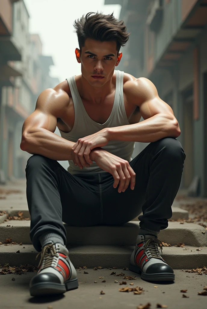 young 18 years old hot barefoot muscular street fighter, ruddy himbo wild  boy, full height, hot libido of south European nationality, in an old worn dirty sleeveless Adidas tracksuit. Muscle flexing on an open air abandoned basketball playground in rainy day. He sits with his back against the wall and shows the bare dirty soles of his feet. Sweating. Direct look. Unbuttoned dark red Adidas sports jacket with torn sleeves, rolled up ragged old worn black indigo, dirty sweatpants, boner in pants, trained sweaty abs, brown eyes, very short brown male sweat hair cut, dirty bare feet, bare heels, hot smile, bloody gunshot wounds to the thighs. (best quality,4k,8k,highres,masterpiece:1.2),ultra-detailed,(realistic,photorealistic,photo-realistic:),HDR,UHD,studio lighting,ultra-fine painting,sharp focus,physically-based rendering,extreme detail description,professional,vivid colors,bokeh,portraits,gritty. Evening, sunset
