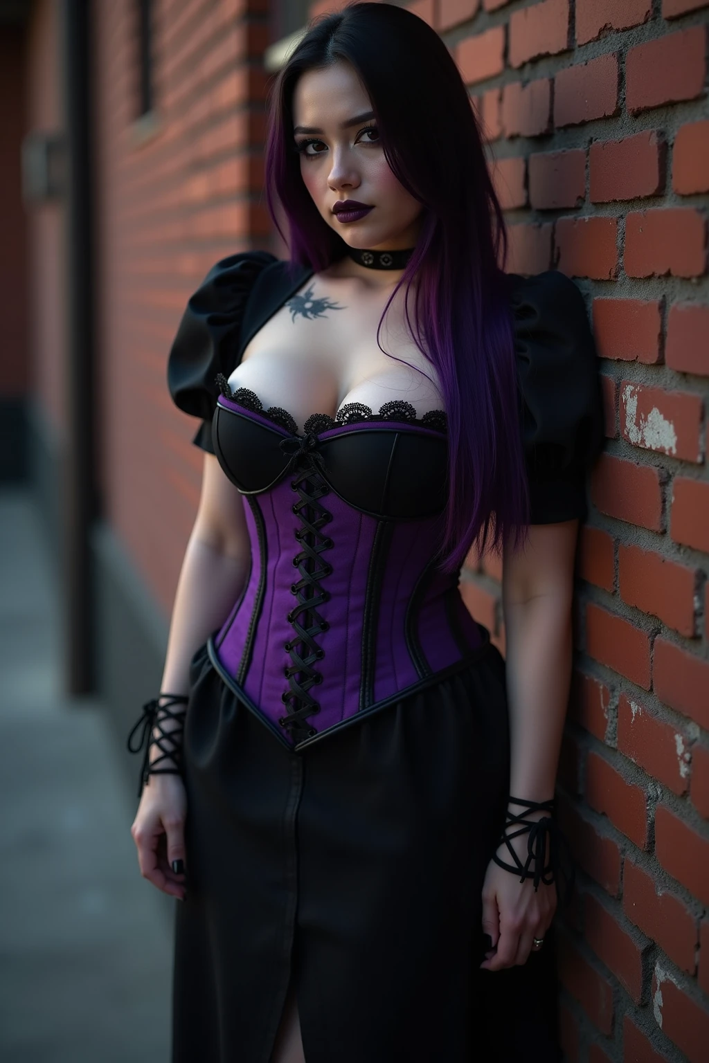 A smiling female villain with long chestnut hair, purple streaks and curls, seductive outfit, in corset, stockings, open skirt, full body, holding a broom, ruined castle on a hill in the background, (best quality,4k,8k,highres,masterpiece:1.2),ultra-detailed,(realistic,photorealistic,photo-realistic:1.37),dark fantasy,dramatic lighting,dramatic pose,highly detailed face and eyes,intricate details,vivid colors,gothic,cinematic