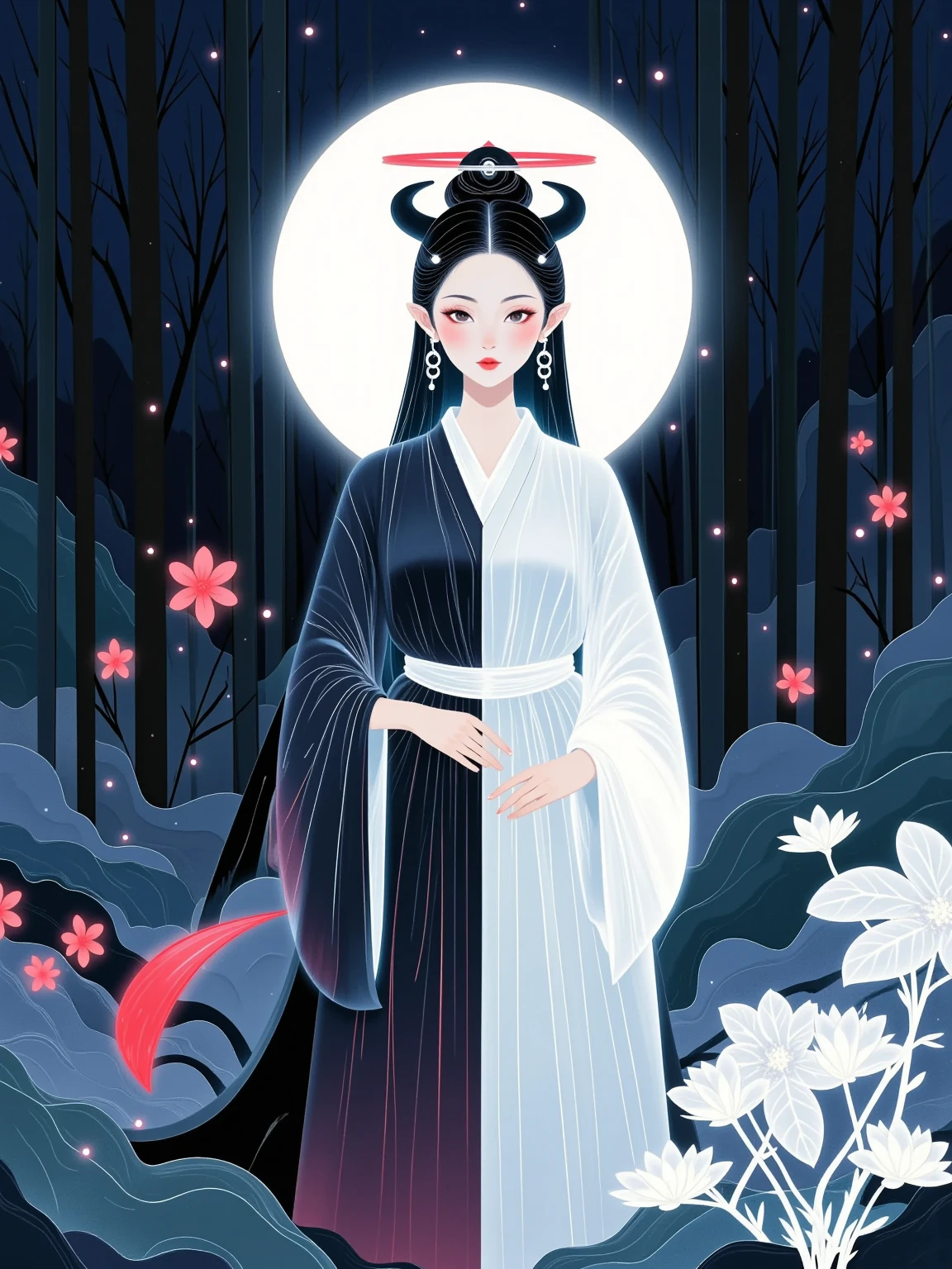 chinese girl, "A single ethereal figure split down the middle in a symmetrical composition, with one half embodying a devilish persona characterized by horns and a tail, set against a dark, misty forest backdrop with red flowers and hellish elements like embers and shadows. The other half of the figure radiates an angelic presence with a halo and wings, complemented by a bright, serene environment filled with white flowers, soft clouds, and a rainbow. The two halves merge seamlessly at the center, creating a harmonious blend of light and darkness, good and evil. The figure's expression on the devilish side is enigmatic and intense, while the angelic side displays a benevolent and tranquil demeanor. The attire flows from dark, flowing fabrics on the left to light, airy garments on the right, with a gradient of colors symbolizing the transition from one realm to another,1girl