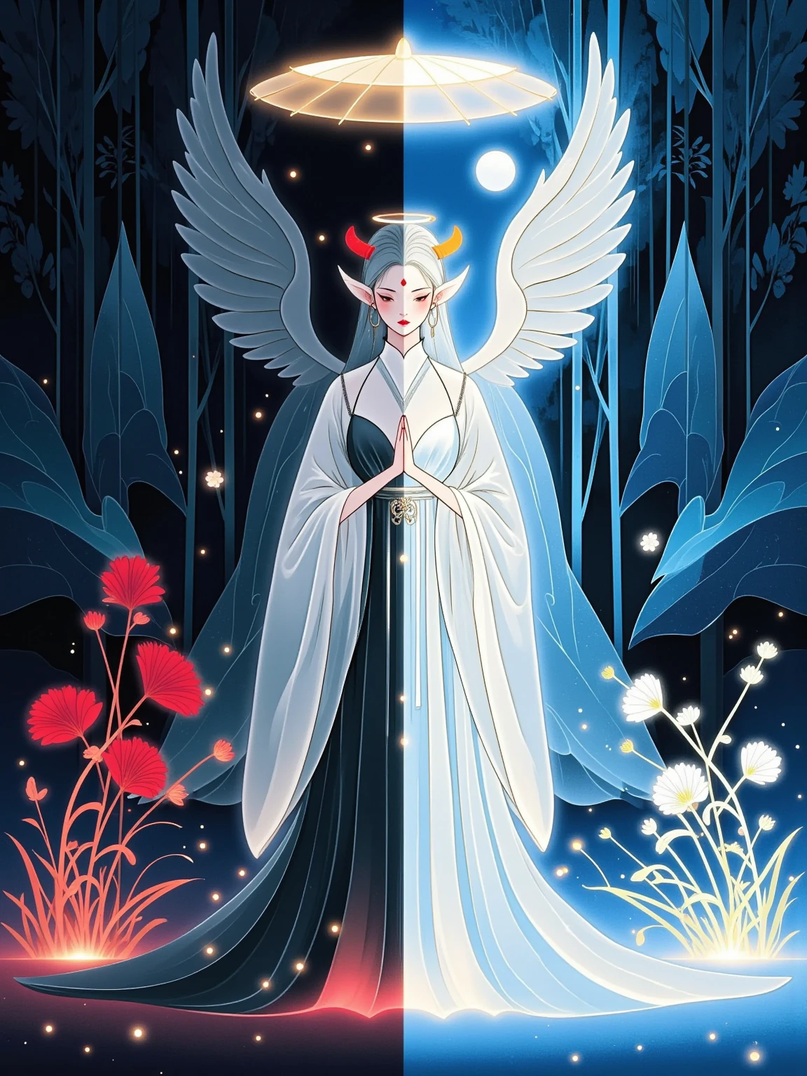 chinese girl, "A single ethereal figure split down the middle in a symmetrical composition, with one half embodying a devilish persona characterized by horns and a tail, set against a dark, misty forest backdrop with red flowers and hellish elements like embers and shadows. The other half of the figure radiates an angelic presence with a halo and wings, complemented by a bright, serene environment filled with white flowers, soft clouds, and a rainbow. The two halves merge seamlessly at the center, creating a harmonious blend of light and darkness, good and evil. The figure's expression on the devilish side is enigmatic and intense, while the angelic side displays a benevolent and tranquil demeanor. The attire flows from dark, flowing fabrics on the left to light, airy garments on the right, with a gradient of colors symbolizing the transition from one realm to another,1girl