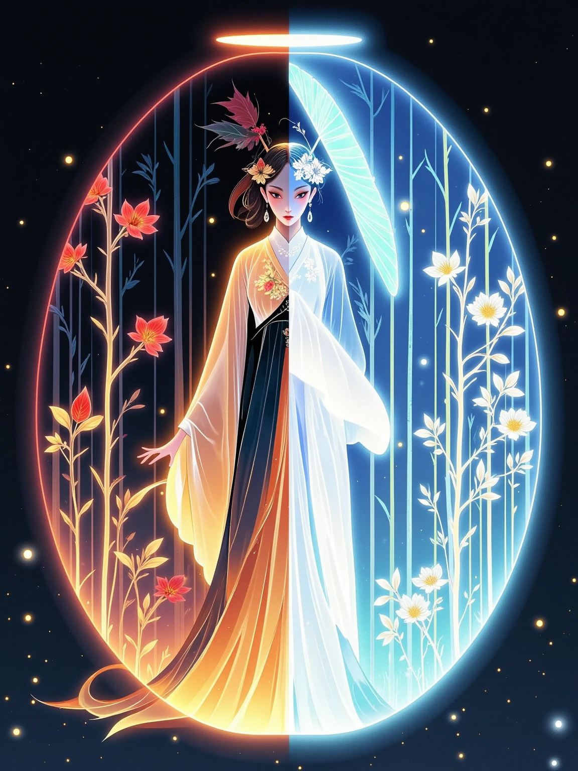 chinese girl, "A single ethereal figure split down the middle in a symmetrical composition, with one half embodying a devilish persona characterized by horns and a tail, set against a dark, misty forest backdrop with red flowers and hellish elements like embers and shadows. The other half of the figure radiates an angelic presence with a halo and wings, complemented by a bright, serene environment filled with white flowers, soft clouds, and a rainbow. The two halves merge seamlessly at the center, creating a harmonious blend of light and darkness, good and evil. The figure's expression on the devilish side is enigmatic and intense, while the angelic side displays a benevolent and tranquil demeanor. The attire flows from dark, flowing fabrics on the left to light, airy garments on the right, with a gradient of colors symbolizing the transition from one realm to another,1girl