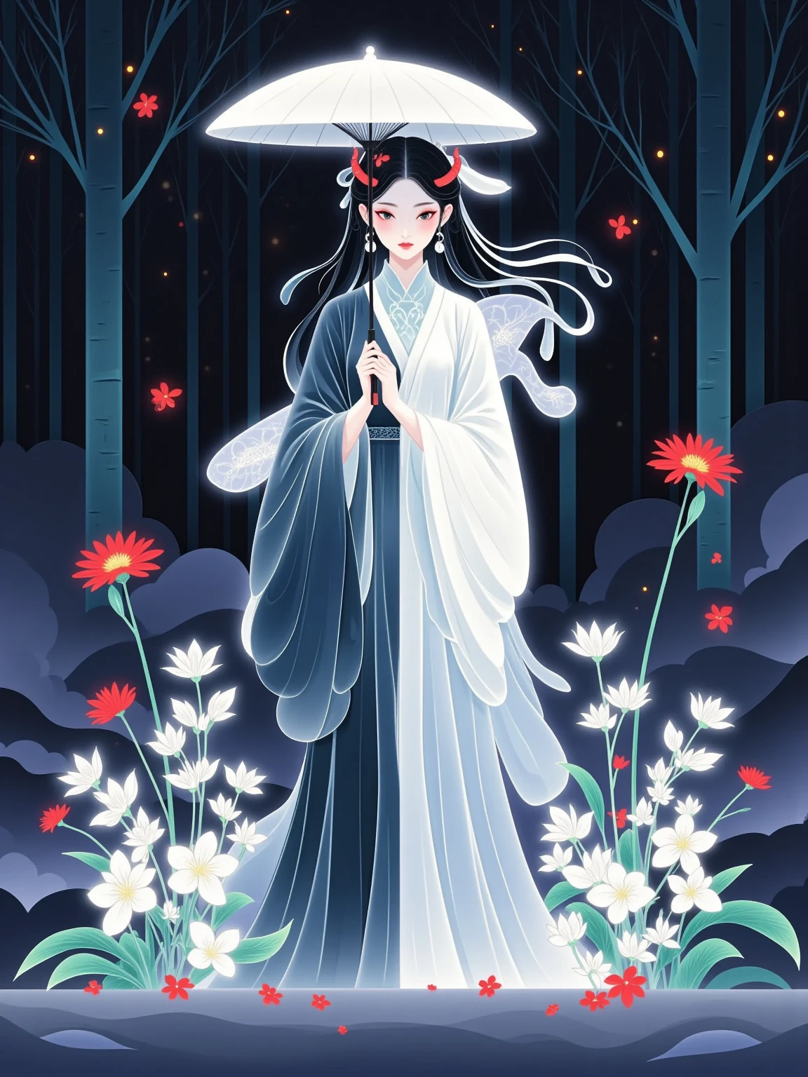 chinese girl, "A single ethereal figure split down the middle in a symmetrical composition, with one half embodying a devilish persona characterized by horns and a tail, set against a dark, misty forest backdrop with red flowers and hellish elements like embers and shadows. The other half of the figure radiates an angelic presence with a halo and wings, complemented by a bright, serene environment filled with white flowers, soft clouds, and a rainbow. The two halves merge seamlessly at the center, creating a harmonious blend of light and darkness, good and evil. The figure's expression on the devilish side is enigmatic and intense, while the angelic side displays a benevolent and tranquil demeanor. The attire flows from dark, flowing fabrics on the left to light, airy garments on the right, with a gradient of colors symbolizing the transition from one realm to another,1girl