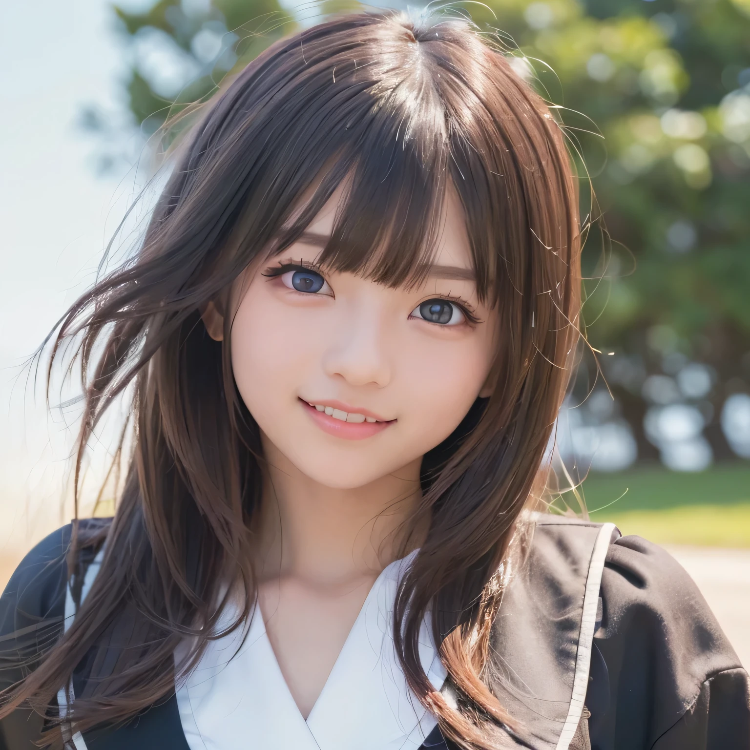 ((Live 2D)) Masterpiece, one girl ,Young face 、 Japanese,(((Big Face))),(((10age))), full body ,((( big smile))),(((Kind Face)))、((( Happy Faces ))),((( heavy makeup))),((( long lashes))),(((Thick mascara))) ,(((Round face))),((( round eyes))),((( big eyes))), standing straight , , cute japanese high school uniform, viewers, detailed face , girl with green 、(((Straight hair down to the shoulders))), ((( princess cut))), , gradient hair, multi-colored hair , small smile , , Gradient Eyes , dark brown eyes , ( simple background, white background : 1.3)、((( upper body photo))),((( small smile )))、((( face swells))),(((Round face))),((( the wind is blowing ))),((( Face Closeup )))