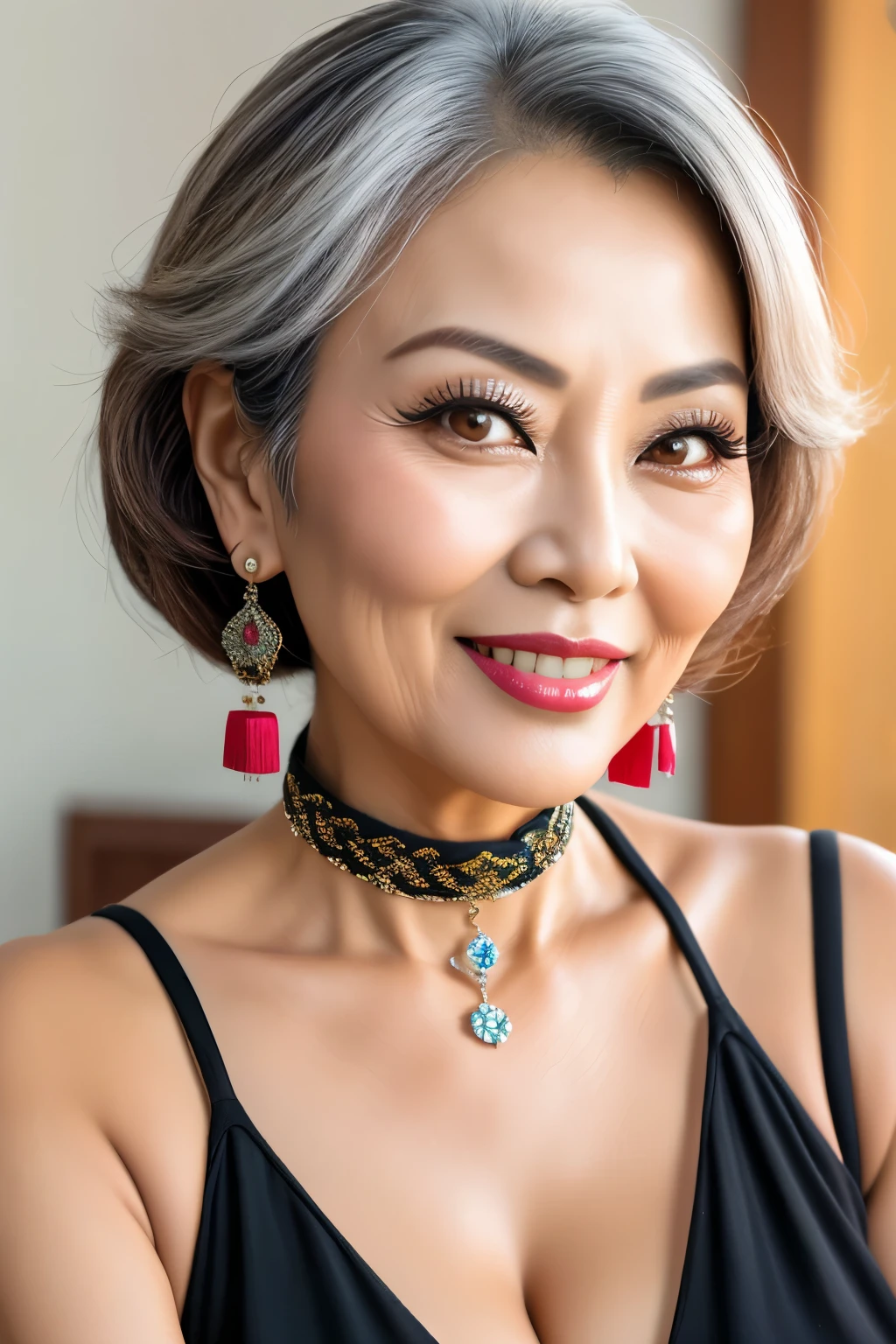 75 years old　mom　milf　Korean, Lady　large earring　Big choker　navel piercing decoration　A bracelet　Silver Hair　realisitic　Gorgeous Madame Beautiful Mature Woman　sexly　Smile　Gentle woman navel piercing　４K　High quality gorgeous madam beautiful mature woman　Windbreaker