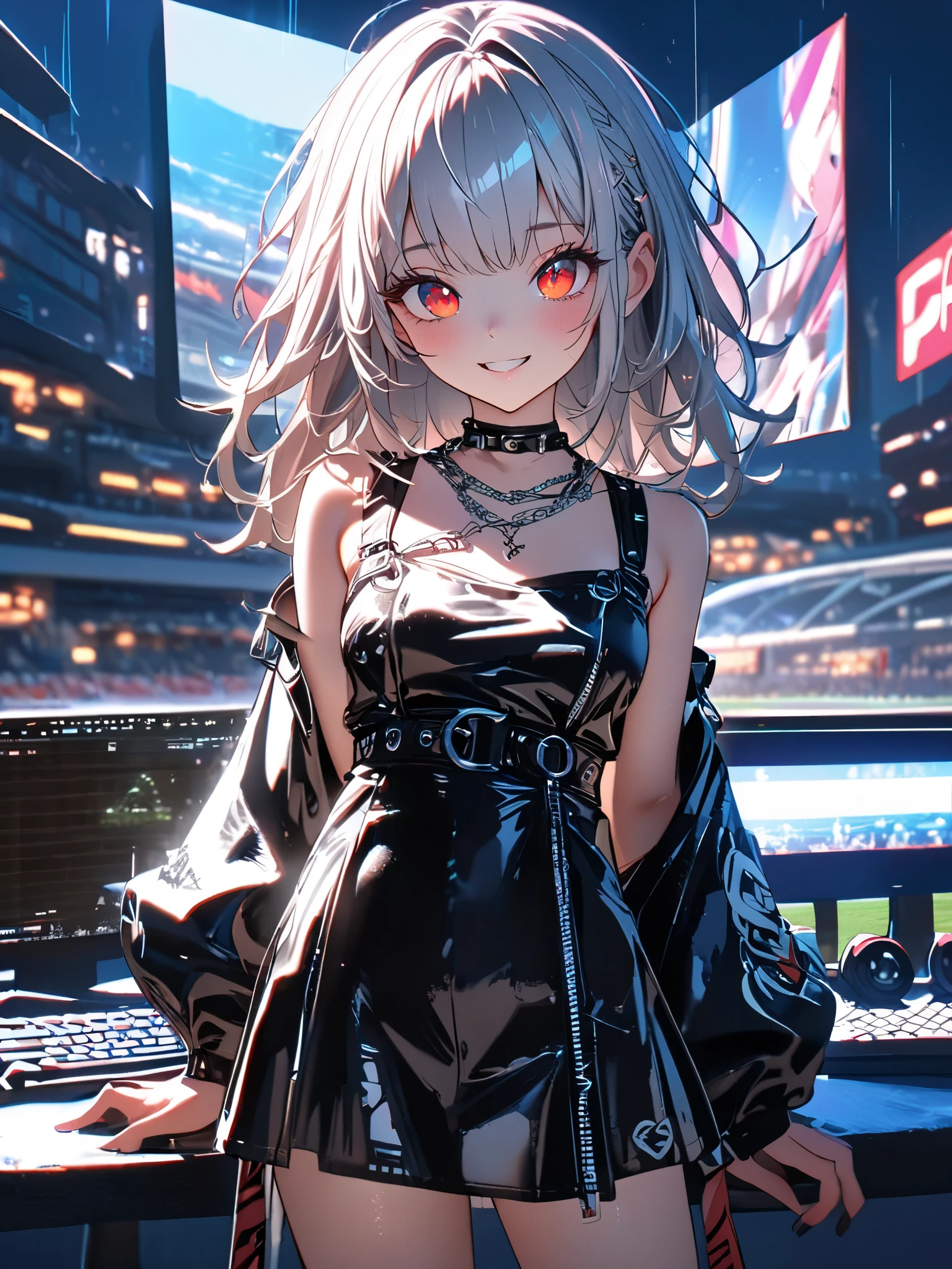 1 girl, a cute dress with a long coat 、 in , beautiful eyes、 keyboard every little detail , Soft light, Masterpiece, , complicated , Tone Mapping . Charterner v2 , , clear focus , dramatic lighting , Very cinematic, super Practical painting, art station trend , 8k, の素晴らしい影が付いた keyboard , Practical, whole body, View, Viewers, Portrait of a Girl 1, standing at the racecourse , Heavy rain and thunder、Dark Skies, neon and cyber punk background, she is dressed in punk clothing with silver chains and silver spikes, 彼女の髪teeth黒く染まっている ..........Ominous aura of light, smile, punk, ciber punk, backlit. : cute , . standing at the racecourse , . Beautiful red eyes. cute , keyboard . . teeth . をつけた keyboard 、 {x}, A girl around 20 years old is wearing a long leather coat .Breasts are big.Breasts are big. をつけた keyboard