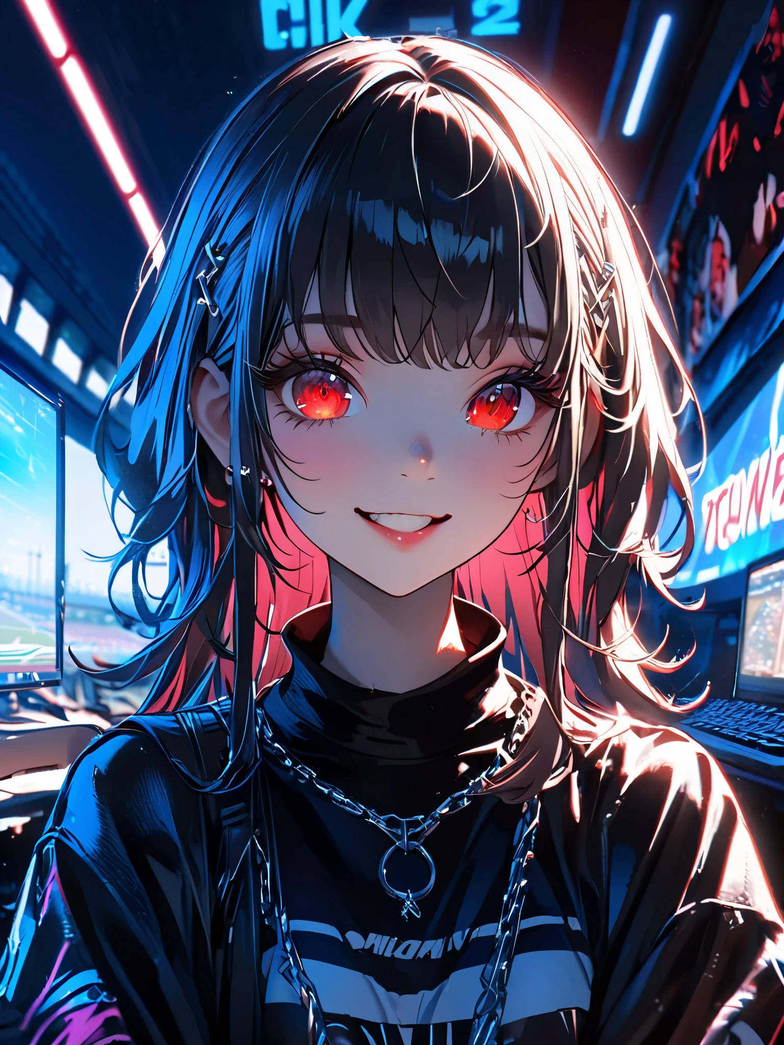 1 girl, a cute dress with a long coat 、 in , beautiful eyes、 keyboard every little detail , Soft light, Masterpiece, , complicated , Tone Mapping . Charterner v2 , , clear focus , dramatic lighting , Very cinematic, super Practical painting, art station trend , 8k, の素晴らしい影が付いた keyboard , Practical, whole body, View, Viewers, Portrait of a Girl 1, standing at the racecourse , Heavy rain and thunder、Dark Skies, neon and cyber punk background, she is dressed in punk clothing with silver chains and silver spikes, 彼女の髪teeth黒く染まっている ..........Ominous aura of light, smile, punk, ciber punk, backlit. : cute , . standing at the racecourse , . Beautiful red eyes. cute , keyboard . . teeth . をつけた keyboard 、 {x}, A girl around 20 years old is wearing a long leather coat .Breasts are big.Breasts are big. をつけた keyboard