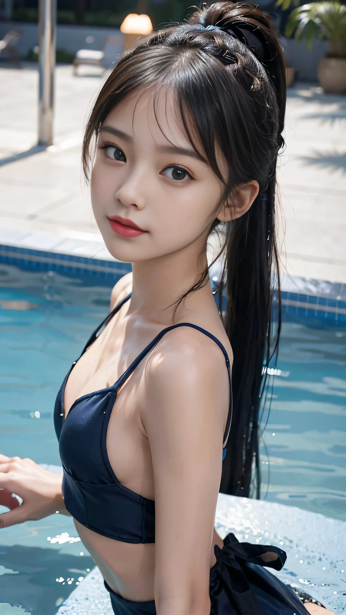 ( very pretty and cute girl ), (  very cute face:1.2), , (big,  charming eyes 、 Bright Like Sparkling Crystals ), Looks great,  Beautiful fine eyes  ,  double eyelids with attention to detail  , (smile), ( REAL PICTURES:1.2), (Beautiful Bangs, Half up hairstyles for beautiful black hair:1.1), Navy School Swimsuit ，  Slim Body ，(((Small breasts:1.2))), かわいいの日本のアイドル, , Teen, ，smile， (-through navy school swimsuit that glows when wet, When wet, it becomes transparent ), Erect nipples, smile,  watching the audience in the cloud  、 spreading legs 、  outdoor pool、 wet skin 、 ((ランダムな sexyポーズ、put in、Deep joy, Intoxicated Eyes:1.2)), (( spreading legs  out to the side:1.5)), ((  spreading legs :1.5)), Legs stretched out on back, (Sleep on your back:1.5, Behind:1.5,reclining:1.5), (From below:1.2), (( Lie on your back:1.2))、  spreading legs  out to the side,  sexy, (  Poolside),  colorful background, HD Backgrounds,  blurry background,  Very Delicate and Beautiful , masterpiece, (((  best quality,  very beautiful 8K CG wallpaper ))), (((  trendy hairstyles  ))), (  Poolside),