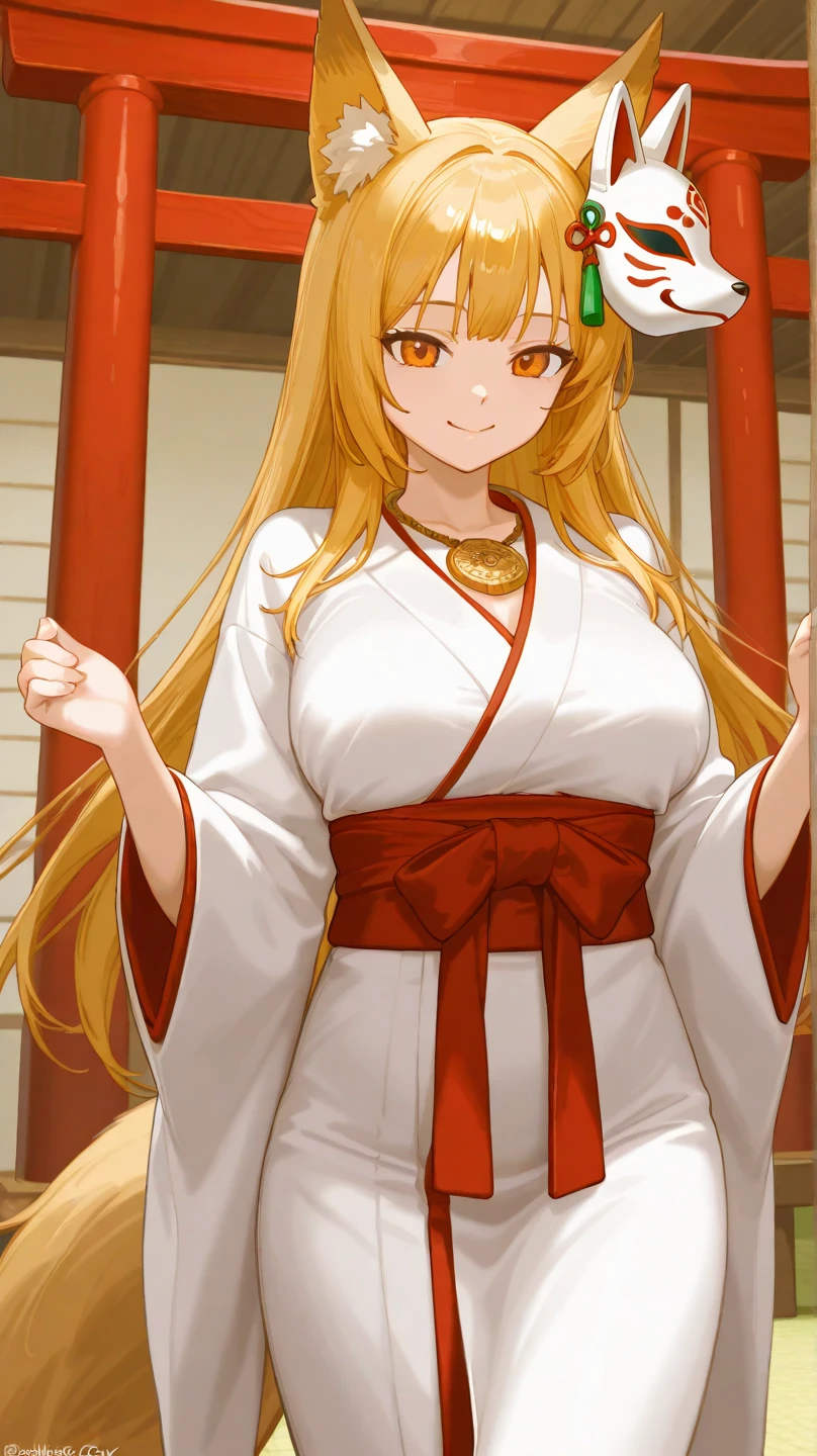 best quality, masterpiece, highres, solo, {white kimono:1.35}, {red hakama:1.35}, {wide sleeves:1.20}, {siege_arknights:1.15}, animal_ears, lion_ears, long_hair, bangs, breasts, blonde_hair, ponytail, brown_eyes, cleavage, hair_between_eyes, brown_hair, large_breasts, upper_body, lollipop, food, candy, yellow_eyes