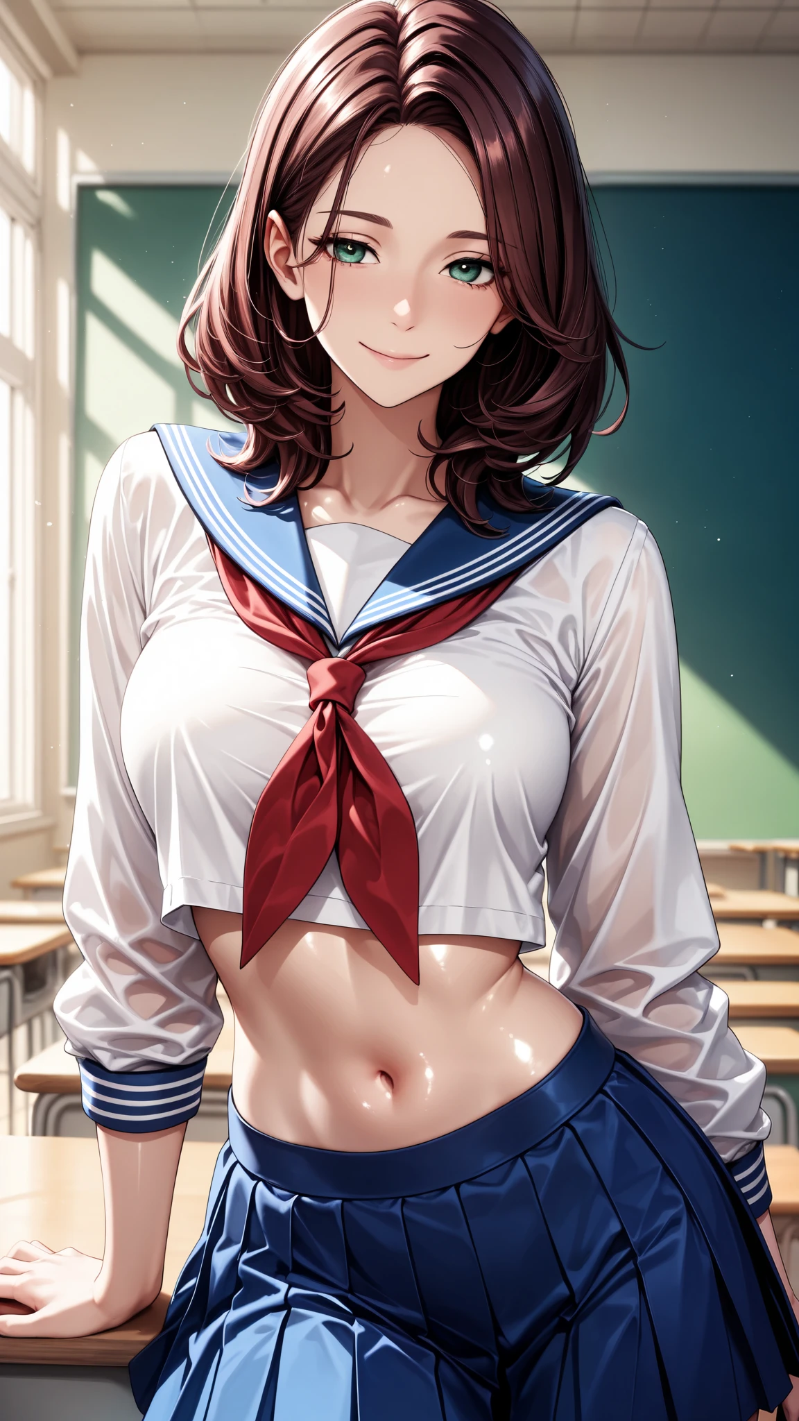 masterpiece, best quality, vibrant, very aesthetic, high contrast, anime style, semirealistic, newest, cinematic-lightning, Enhance colors to maximum saturation, shiny skin, slender, 1woman, cowboy shot, detailed face, detailed eyes, green eyes, slightly smile, medium hair, dark brown silky hair, forehead, sliced back hair, contrapposto, navel, Captivating thighs, knee, classroom, (sheer crop top white shirt), sailor suit,blue pleated skirt, red ribbon tie