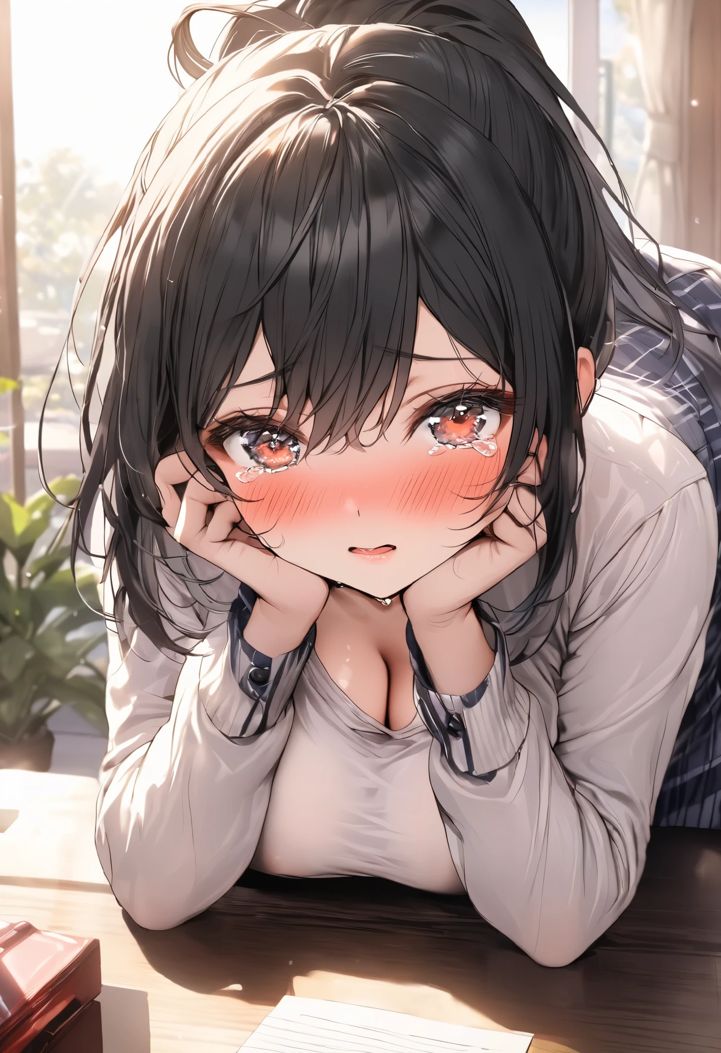 (( best quality )), ((Masterpiece)), ( Details), ( one woman), sexy, 16885 CM Black Haired Big Breasts College Girl, beauty, ((( black hair ponytail))), Like々 BEAUTIFUL WOMAN IN S212 , Girl with tearful eyes, living room, up, with tears in her eyes, looking up, in the sunshine, casual attire, rocket boobs, slit eye , I clasp both hands in front of my face and pump myself up., on the table , Blushing College Girl