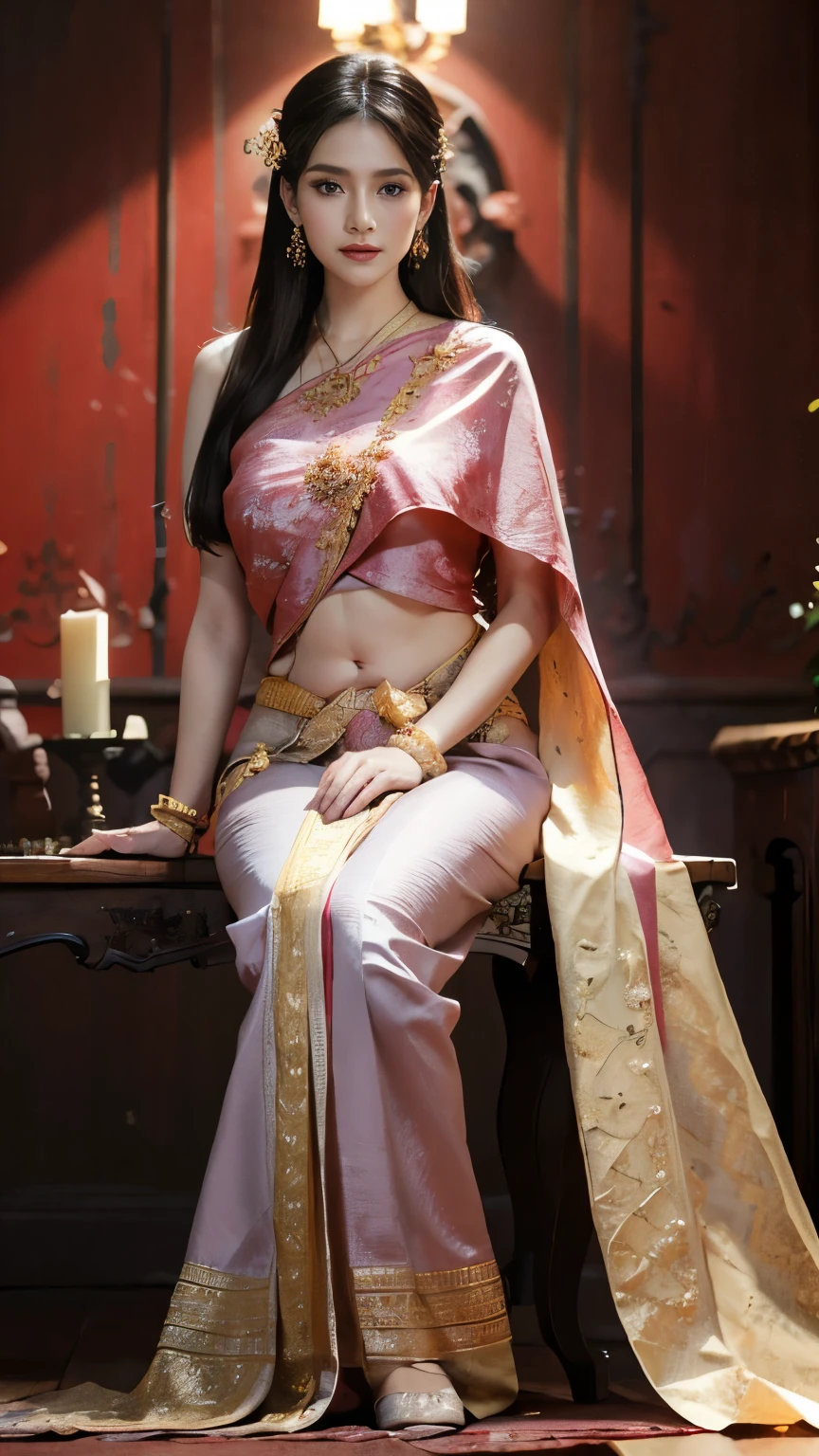 (raw photos:1.2), (realistic:1.4), (Masterpiece:1.3), (best quality:1.4), Ultra high resolution, (Detailed eyes), (Detailed facial features), (Detailed clothing features), HDR, 8k resolution, Focus only, Dressing according to Thai tradition, Traditional shawl , 1 woman , big breasts, A gigantic rift, big breastsดันเสื้อผ้า, big breast, The breasts will fully grow..., Make your breasts bigger.., small waist, Long legs, Facing the audience, full body, depth of field, Cinema-grade lighting system, big breasts, Too big for your body, Revealing a flat stomach, The lower half of the chest can be seen..., Sexy sitting posture, Pictures from eye-catching angles, Correct picture elements, The picture is complete.,