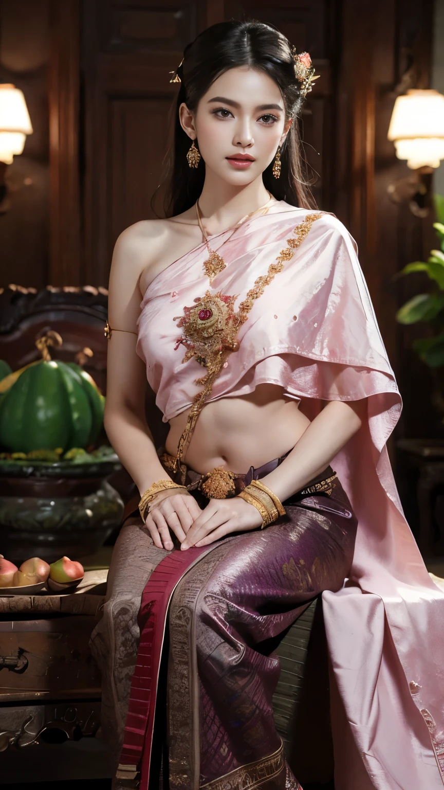 (raw photos:1.2), (realistic:1.4), (Masterpiece:1.3), (best quality:1.4), Ultra high resolution, (Detailed eyes), (Detailed facial features), (Detailed clothing features), HDR, 8k resolution, Focus only, Dressing according to Thai tradition, Traditional shawl , 1 woman , big breasts, A gigantic rift, big breastsดันเสื้อผ้า, big breast, The breasts will fully grow..., Make your breasts bigger.., small waist, Long legs, Facing the audience, full body, depth of field, Cinema-grade lighting system, big breasts, Too big for your body, Revealing a flat stomach, The lower half of the chest can be seen..., Sexy sitting posture, Pictures from eye-catching angles, Correct picture elements, The picture is complete.,