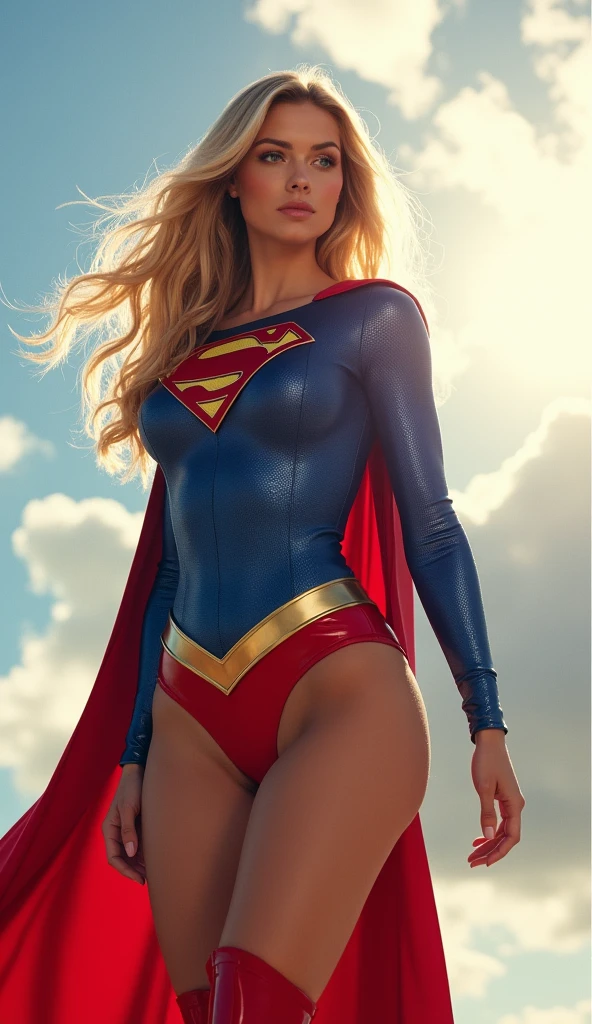 The actress Milly Alcock as the character Supergirl, perfect costume, armor suit, traditional 'S' in the chest, extremely beautiful blue eyes, beautiful blond hair, incredible beautifulanatomy, smooth curves, perfect anatomy, underneath angle view, perfect smile, red cape, space in the background