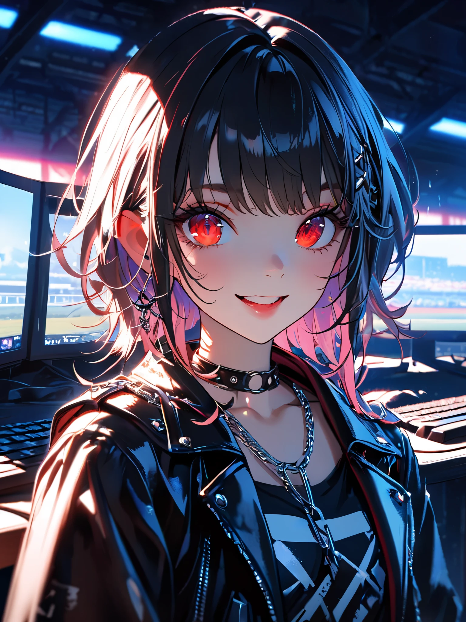 1 girl, a cute dress with a long coat 、 in , beautiful eyes、 keyboard every little detail , Soft light, Masterpiece, , complicated , Tone Mapping . Charterner v2 , , clear focus , dramatic lighting , Very cinematic, super Practical painting, art station trend , 8k, の素晴らしい影が付いた keyboard , Practical, whole body, View, Viewers, Portrait of a Girl 1, standing at the racecourse , Heavy rain and thunder、Dark Skies, neon and cyber punk background, she is dressed in punk clothing with silver chains and silver spikes, 彼女の髪teeth黒く染まっている ..........Ominous aura of light, smile, punk, ciber punk, backlit. : cute , . standing at the racecourse , . Beautiful red eyes. cute , keyboard . . teeth . をつけた keyboard 、 {x}, A girl around 20 years old is wearing a long leather coat .Breasts are big.Breasts are big. をつけた keyboard