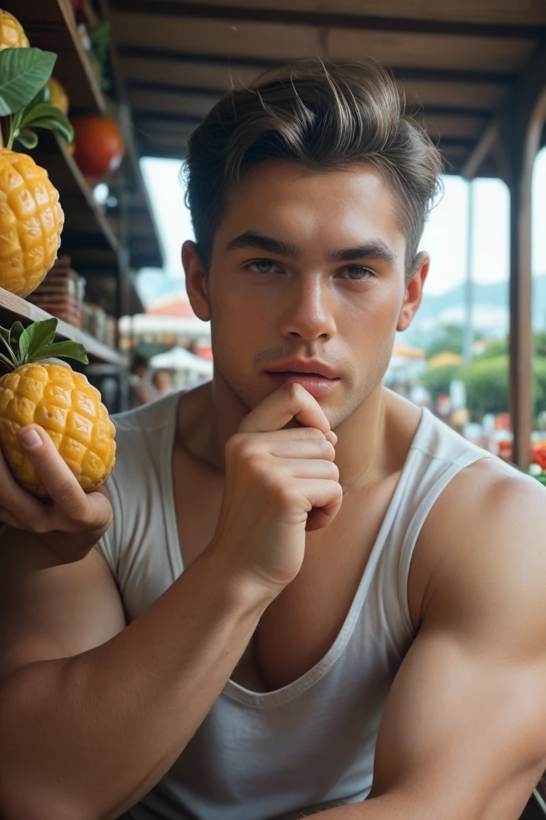  Young cute handsome face beautiful white skinny soft skin without shirt naked big penis eating peach fruit in basket nice butt