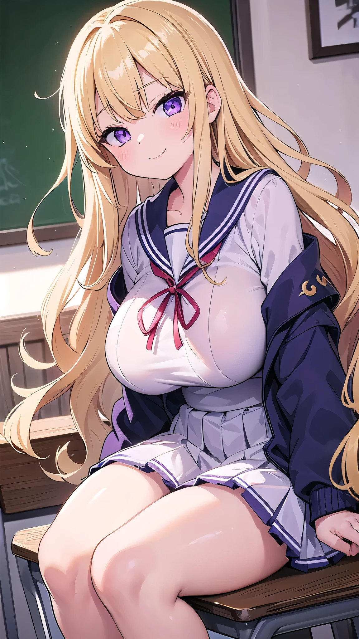 1 girl、, blondes、 blondes、 long hair, Hair Accessories 、Curly Hair、 purple eyes , classroom、Take a seat、 Side Angle、 sailor suit 、 navy blue sailor、The gaze of the viewer、smile、Big Breasts、 punch、 knee-high