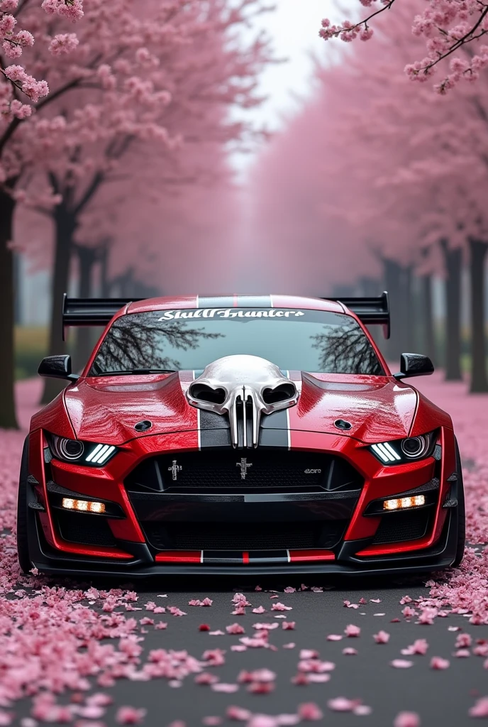 Mustang GT 500 in blood red in a cherry blossom whit full car modification big spoiler and RGB whit a white skull on the hood whit a skull Hunters under it