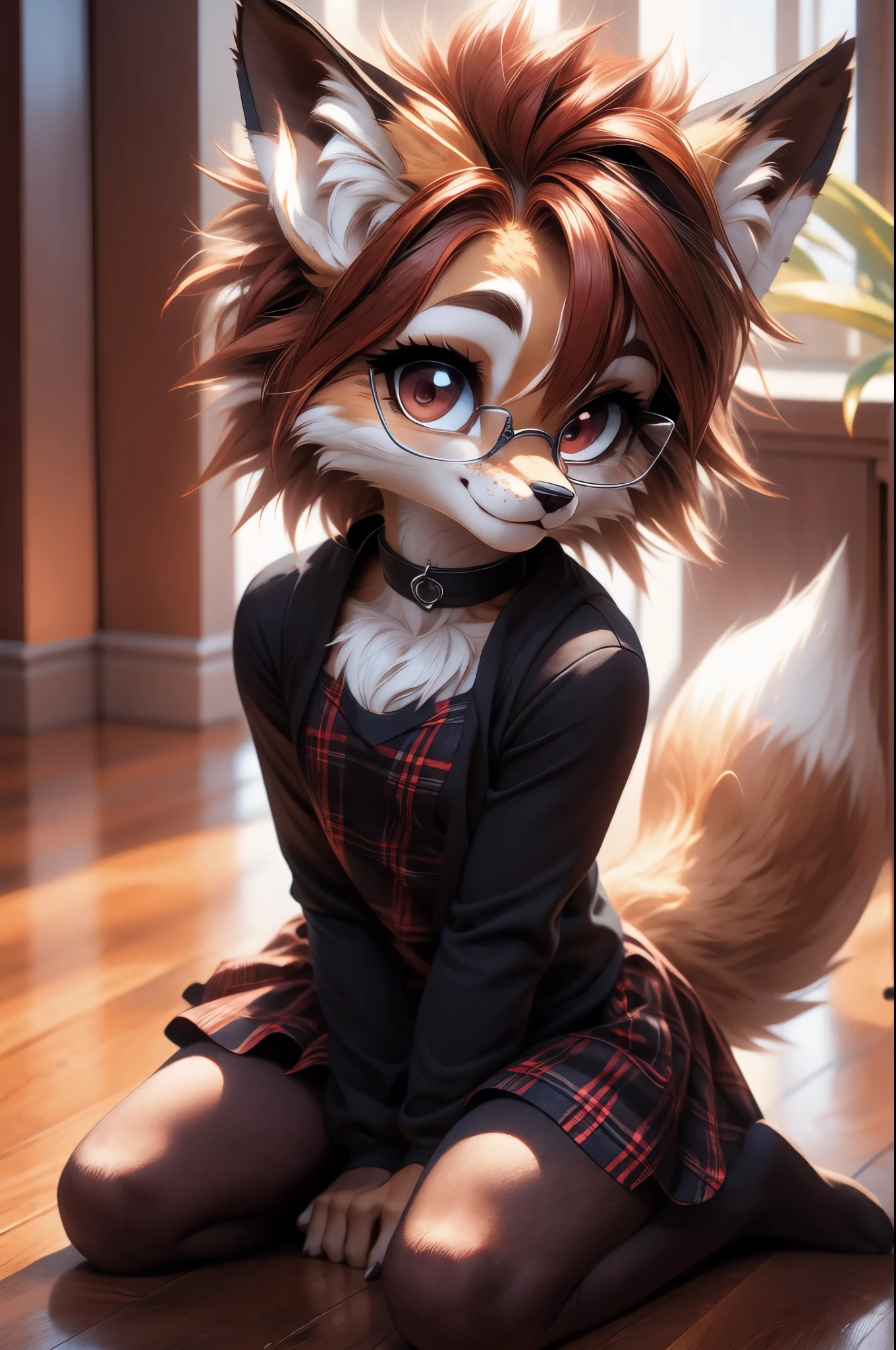 solo,1girl, fur realistic, ultra realistic, fox furry small loli, with short dark red hair, beautiful red eyes, cute freckles, wearing square glasses, very fluffy bushy tail, smug grin, small ears , very young body, flat chest, innocent ,very Young slim, skinny body, feminine girl, thin, choker, shy girl, shy smile, kneeling on the floor,hand on her head head as she is thinking hard, thinking hard, glasses, tail, small, young, big eyes, wearing a modest goth dress with long sleeves and plaid skirt and black long socks, choker, butterfly pose
