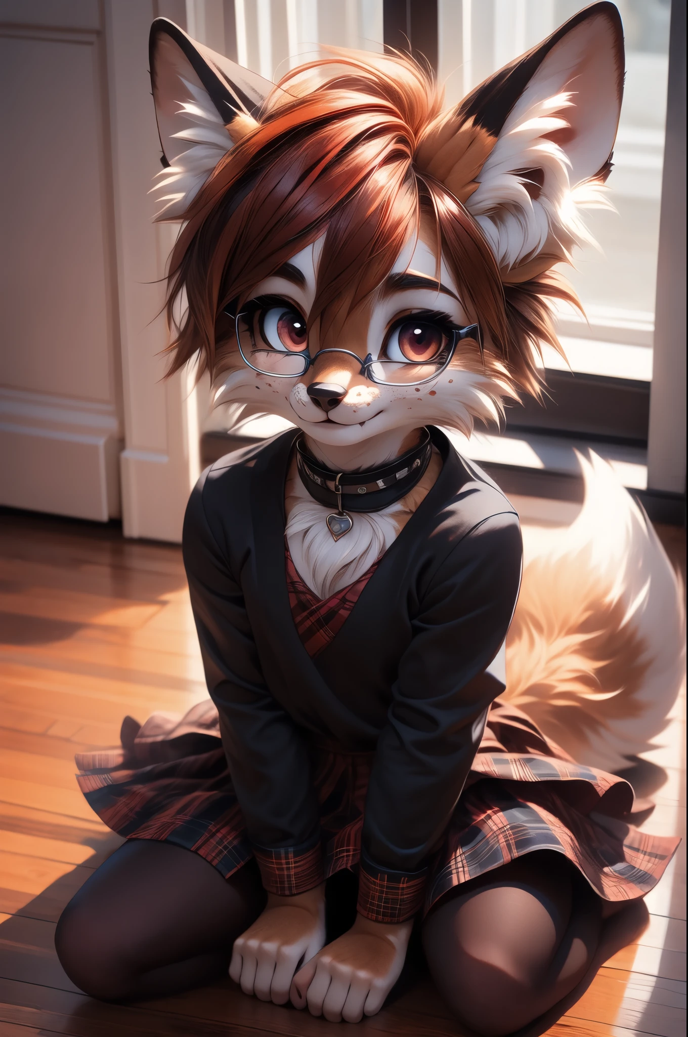 solo,1girl, fur realistic, ultra realistic, fox furry small loli, with short dark red hair, beautiful red eyes, cute freckles, wearing square glasses, very fluffy bushy tail, smug grin, small ears , very young body, flat chest, innocent ,very Young slim, skinny body, feminine girl, thin, choker, shy girl, shy smile, kneeling on the floor,hand on her head head as she is thinking hard, thinking hard, glasses, tail, small, young, big eyes, wearing a modest goth dress with long sleeves and plaid skirt and black long socks, choker, butterfly pose