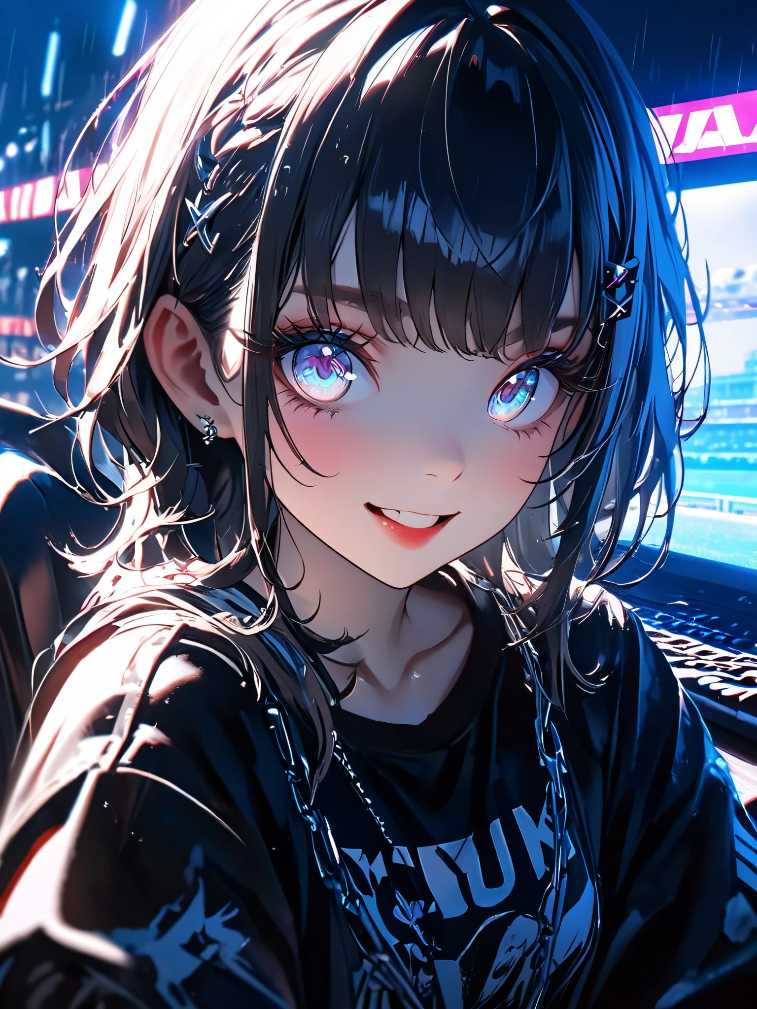 1 girl, a cute dress with a long coat 、 in , beautiful eyes、 keyboard every little detail , Soft light, Masterpiece, , complicated , Tone Mapping . Charterner v2 , , clear focus , dramatic lighting , Very cinematic, super Practical painting, art station trend , 8k, の素晴らしい影が付いた keyboard , Practical, whole body, View, Viewers, Portrait of a Girl 1, standing at the racecourse , Heavy rain and thunder、Dark Skies, neon and cyber punk background, she is dressed in punk clothing with silver chains and silver spikes, 彼女の髪teeth黒く染まっている ..........Ominous aura of light, smile, punk, ciber punk, backlit. : cute , . standing at the racecourse , . Beautiful red eyes. cute , keyboard . . teeth . をつけた keyboard 、 {x}, A girl around 20 years old is wearing a long leather coat .Breasts are big.Breasts are big. をつけた keyboard