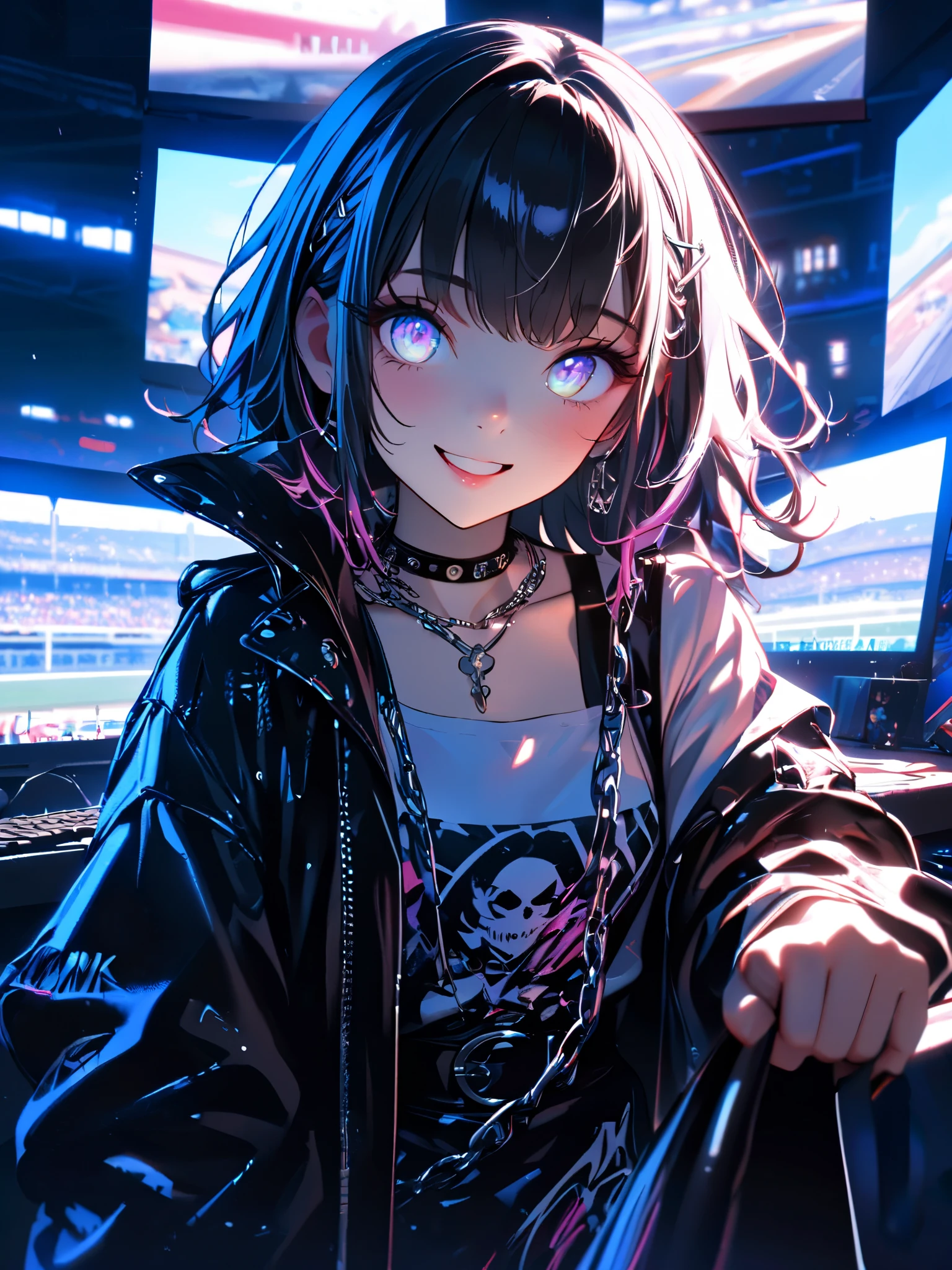 1 girl, a cute dress with a long coat 、 in , beautiful eyes、 keyboard every little detail , Soft light, Masterpiece, , complicated , Tone Mapping . Charterner v2 , , clear focus , dramatic lighting , Very cinematic, super Practical painting, art station trend , 8k, の素晴らしい影が付いた keyboard , Practical, whole body, View, Viewers, Portrait of a Girl 1, standing at the racecourse , Heavy rain and thunder、Dark Skies, neon and cyber punk background, she is dressed in punk clothing with silver chains and silver spikes, 彼女の髪teeth黒く染まっている ..........Ominous aura of light, smile, punk, ciber punk, backlit. : cute , . standing at the racecourse , . Beautiful red eyes. cute , keyboard . . teeth . をつけた keyboard 、 {x}, A girl around 20 years old is wearing a long leather coat .Breasts are big.Breasts are big. をつけた keyboard