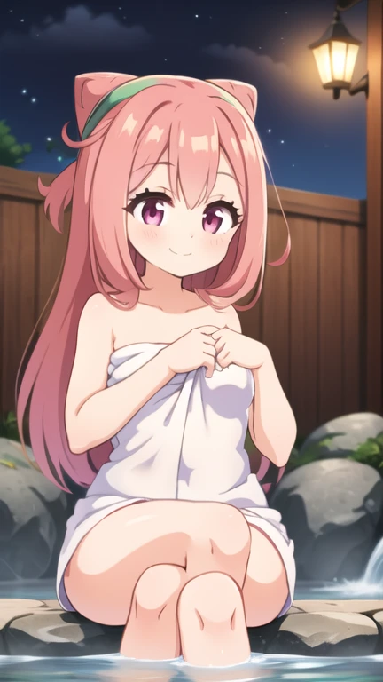 1girl, pink hair, long hair, smooth hair,  girl, 8k resolutions, pink eyes, masterpiece, wearing towel, medium breast, bathroom, super happy, pink background, open door, random looking, holding door, half naked, hd quality