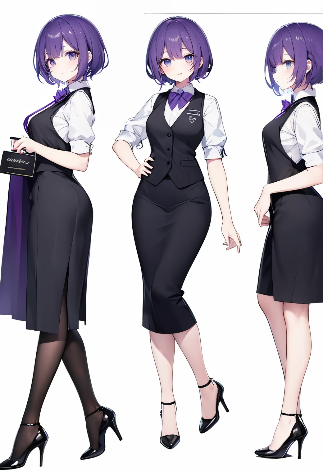 ((Perfect Face)),Purple Hair,short hair,1 female,bartender,,Black vest,High heels,,((Simple White background)),((smile)),((full body)),((whole body)),Portraits,virtual,upright,