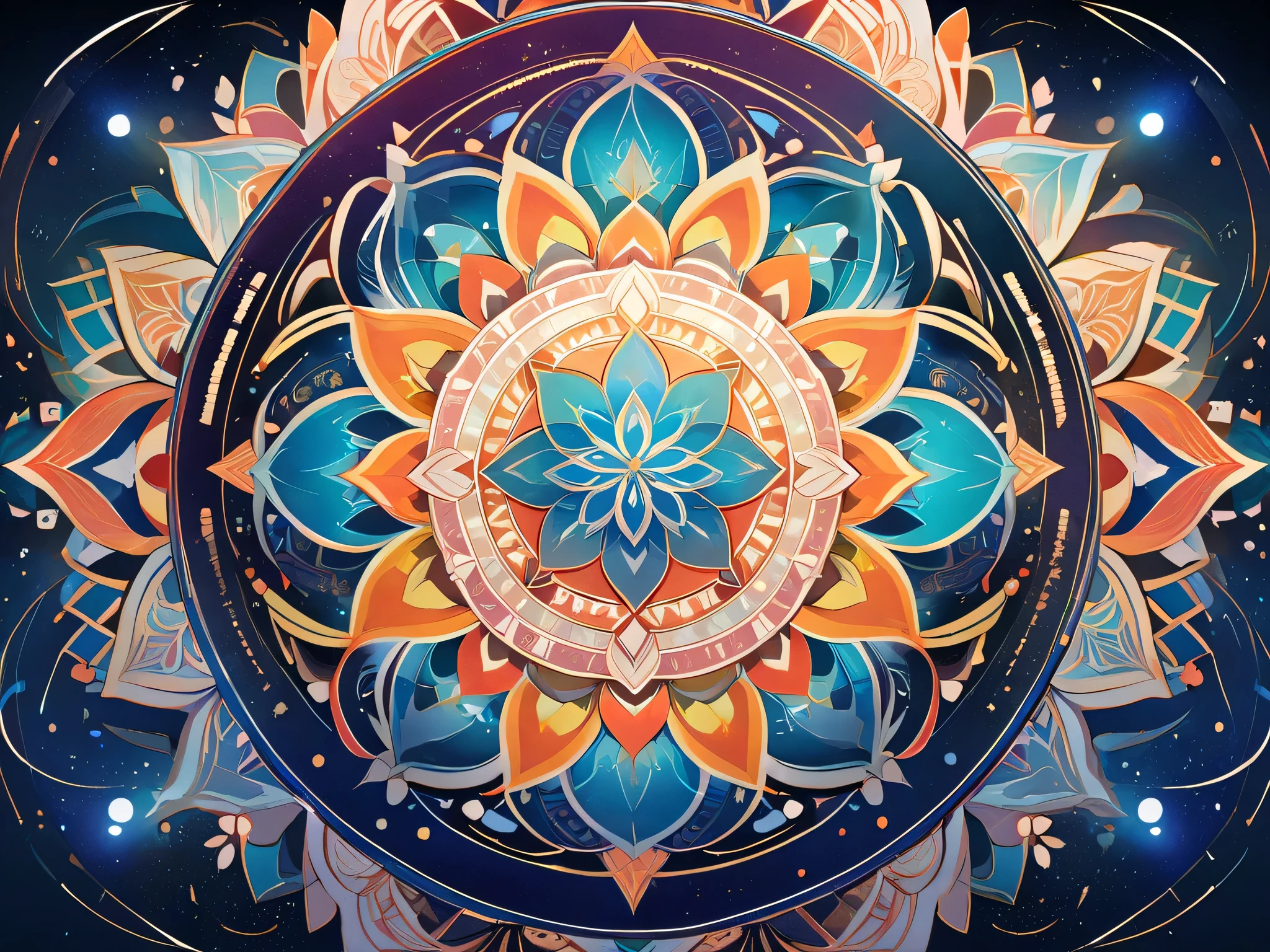 enhance the mystical and transcendental quality of the mandala , Characterized by、 sacred symbols such as the universe and spiritual unity . mix and swirl in a celestial dance 。 mandalas symbolize concentric circles , geometric pattern , lotus, ABOUT, and、Falun , 、 radiates a sense of divine balance and harmony . surround the mandala , 、 delicate details and quiet atmosphere 、Subtle colors , 。 rendered in high definition at 8K resolution . 。This work is、 vivid and complex mandalas , 、 radiates {x} radiates a sense of divine balance and harmony {x} x} vivid Combine cool colors with subtle bokeh effects、 radiates 。.