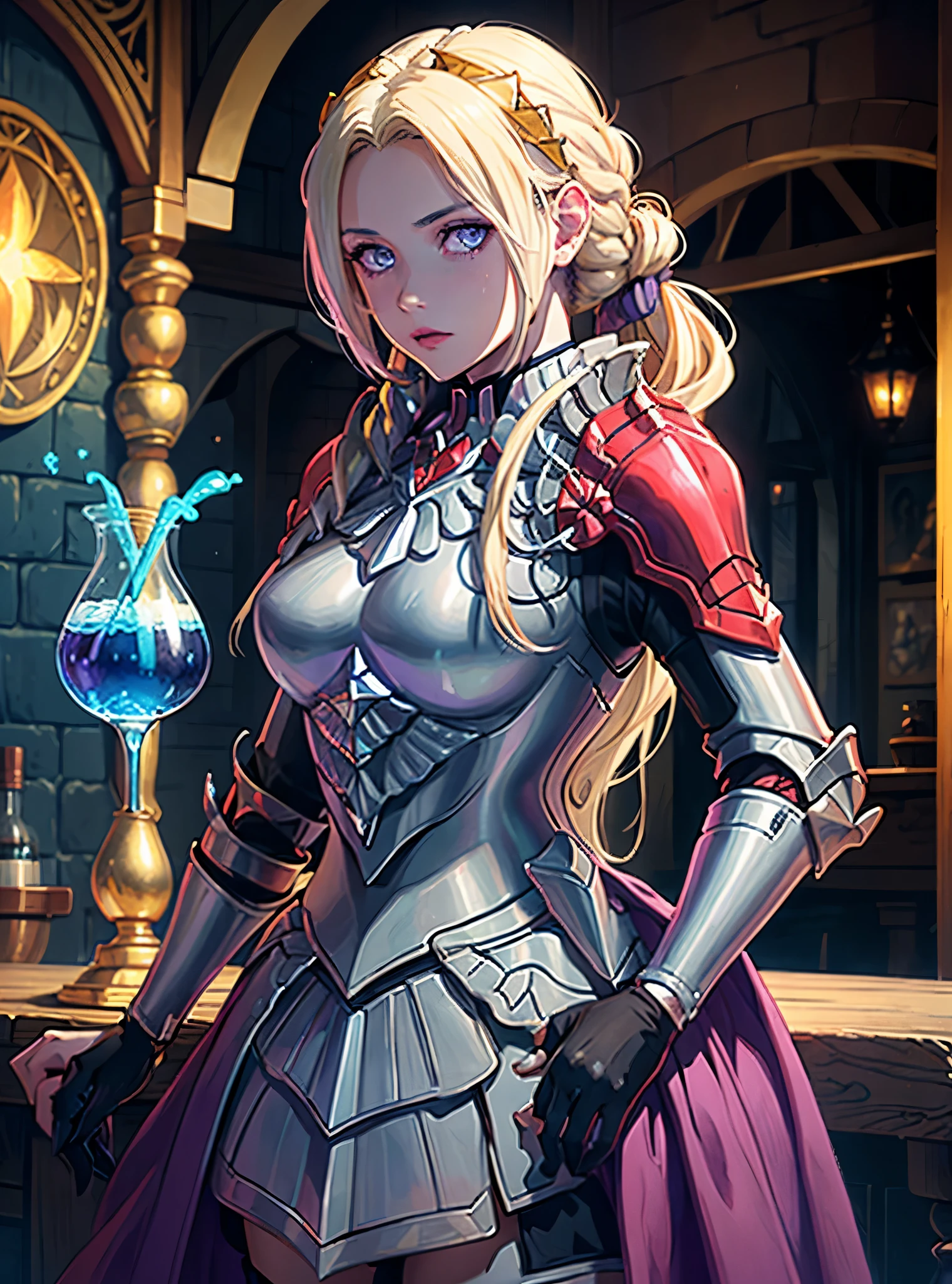 ((FANTASY COLORING, RETRO COLOR PALETTE, VIBRANT LIGHTING))
((masterpiece, best quality, uhd, detailed, detailed eyes)), (1girl, anime girl in the tavern, potion),(mature), (solo), (female focus, purple eyes girl, vicious), (blonde hair, wavy hair, long hair),[[PURPLE EYES]], ((knightess, armor, guardian, black breastplate, divine looks)), pale skin, close up, upper body.
