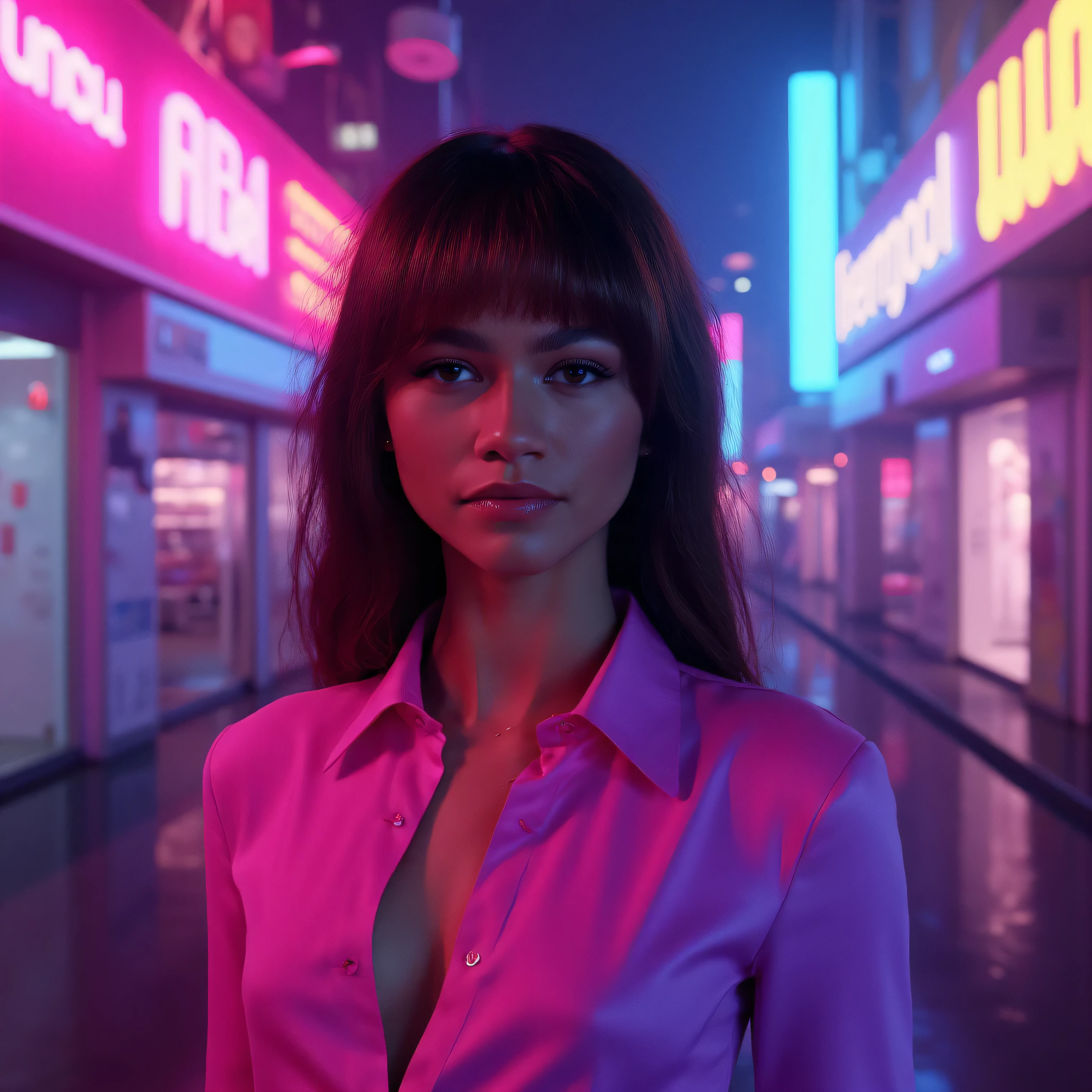 Vaporwave style. Art by Lois Van Baarle. Waist-up 25-year-old girl with long dark hair. Retro aesthetic, cyberpunk, vibrant, neon colors, vintage 80s and 90s style, highly detailed, graphic illustration, graphic novel art, vibrant, cover art, dreamy, vector illustration, 2d flat, centered, by Tim Burton, professional, sleek, perfect composition, beautiful detailed intricate insanely detailed octane render trending on artstation, 8k, (medium shot), ((watching elsewhere:1.5)), ((looking up:1.3))