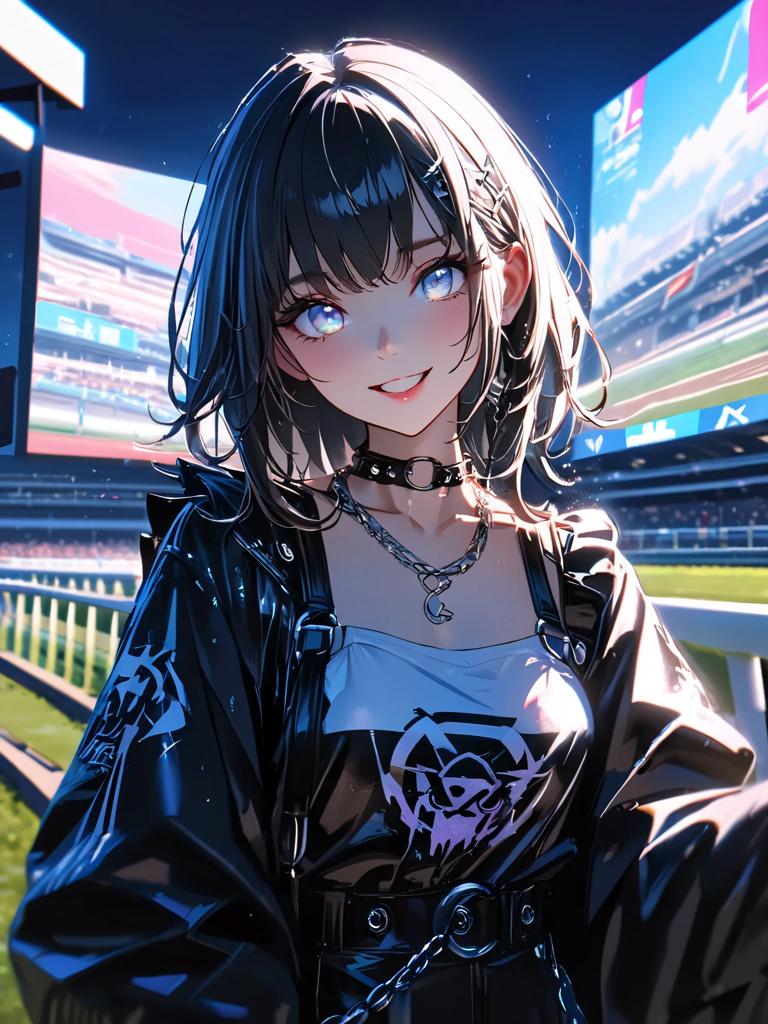1 girl, a cute dress with a long coat 、 in , beautiful eyes、 keyboard every little detail , Soft light, Masterpiece, , complicated , Tone Mapping . Charterner v2 , , clear focus , dramatic lighting , Very cinematic, super Practical painting, art station trend , 8k, の素晴らしい影が付いた keyboard , Practical, whole body, View, Viewers, Portrait of a Girl 1, standing at the racecourse , Heavy rain and thunder、Dark Skies, neon and cyber punk background, she is dressed in punk clothing with silver chains and silver spikes, 彼女の髪teeth黒く染まっている ..........Ominous aura of light, smile, punk, ciber punk, backlit. : cute , . standing at the racecourse , . Beautiful red eyes. cute , keyboard . . teeth . をつけた keyboard 、 {x}, A girl around 20 years old is wearing a long leather coat .Breasts are big.Breasts are big. をつけた keyboard