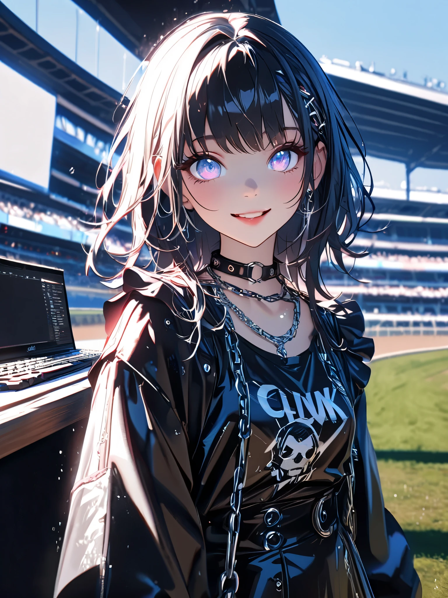 1 girl, a cute dress with a long coat 、 in , beautiful eyes、 keyboard every little detail , Soft light, Masterpiece, , complicated , Tone Mapping . Charterner v2 , , clear focus , dramatic lighting , Very cinematic, super Practical painting, art station trend , 8k, の素晴らしい影が付いた keyboard , Practical, whole body, View, Viewers, Portrait of a Girl 1, standing at the racecourse , Heavy rain and thunder、Dark Skies, neon and cyber punk background, she is dressed in punk clothing with silver chains and silver spikes, 彼女の髪teeth黒く染まっている ..........Ominous aura of light, smile, punk, ciber punk, backlit. : cute , . standing at the racecourse , . Beautiful red eyes. cute , keyboard . . teeth . をつけた keyboard 、 {x}, A girl around 20 years old is wearing a long leather coat .Breasts are big.Breasts are big. をつけた keyboard