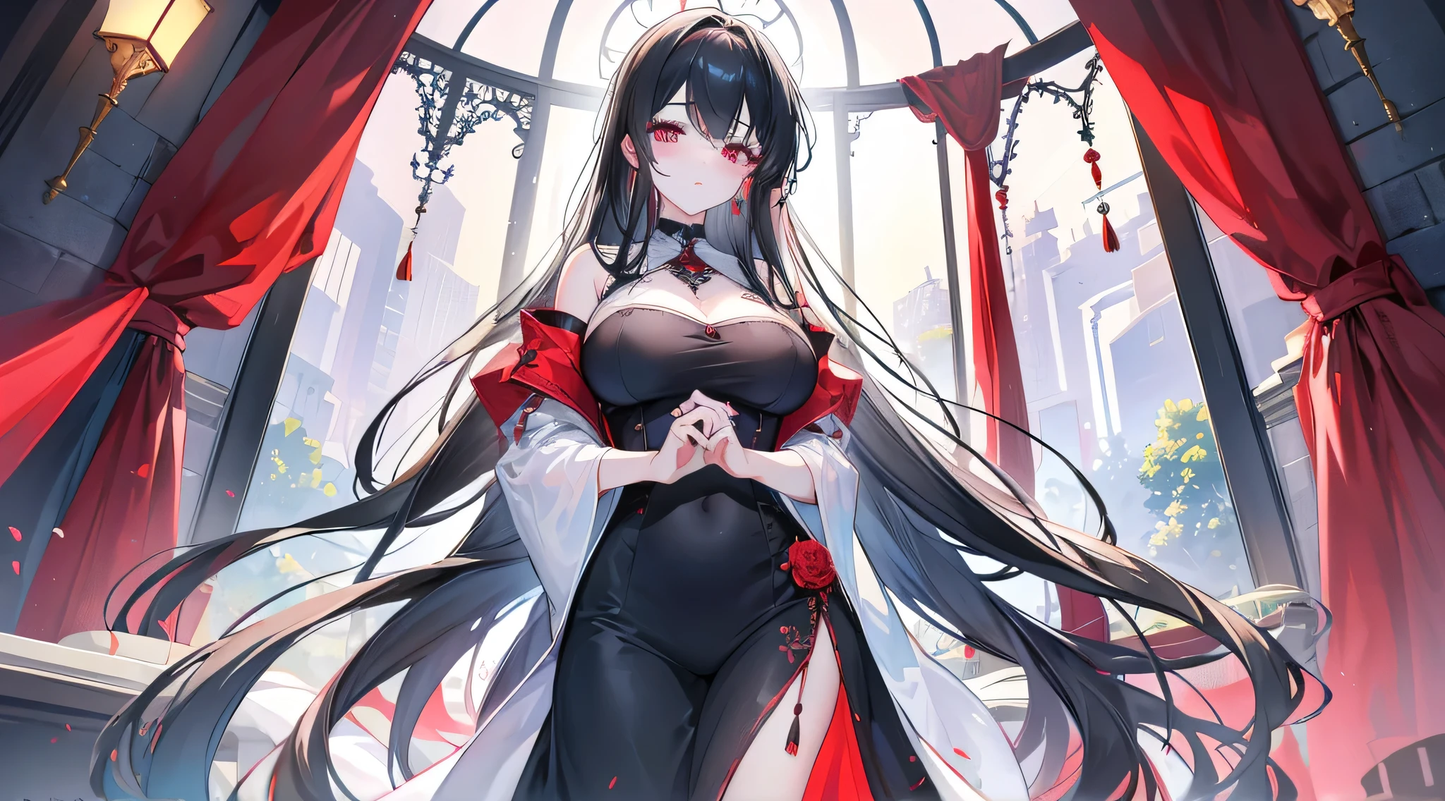 (Exquisite eyes),(Clear and beautiful eyes:1.61),masterpiece, 1 young girl,(Black clothes and some red gems), Black long hair, (She has a huge red gem on her chest), Good Hand,((The Havoc of StarCraft)),full-body shot,Fighting Stance,(Red Eyes:1.466),short and small,(Very big breasts:1.35),(Pretty Face),(full-body shot:1.33),Beautiful hands