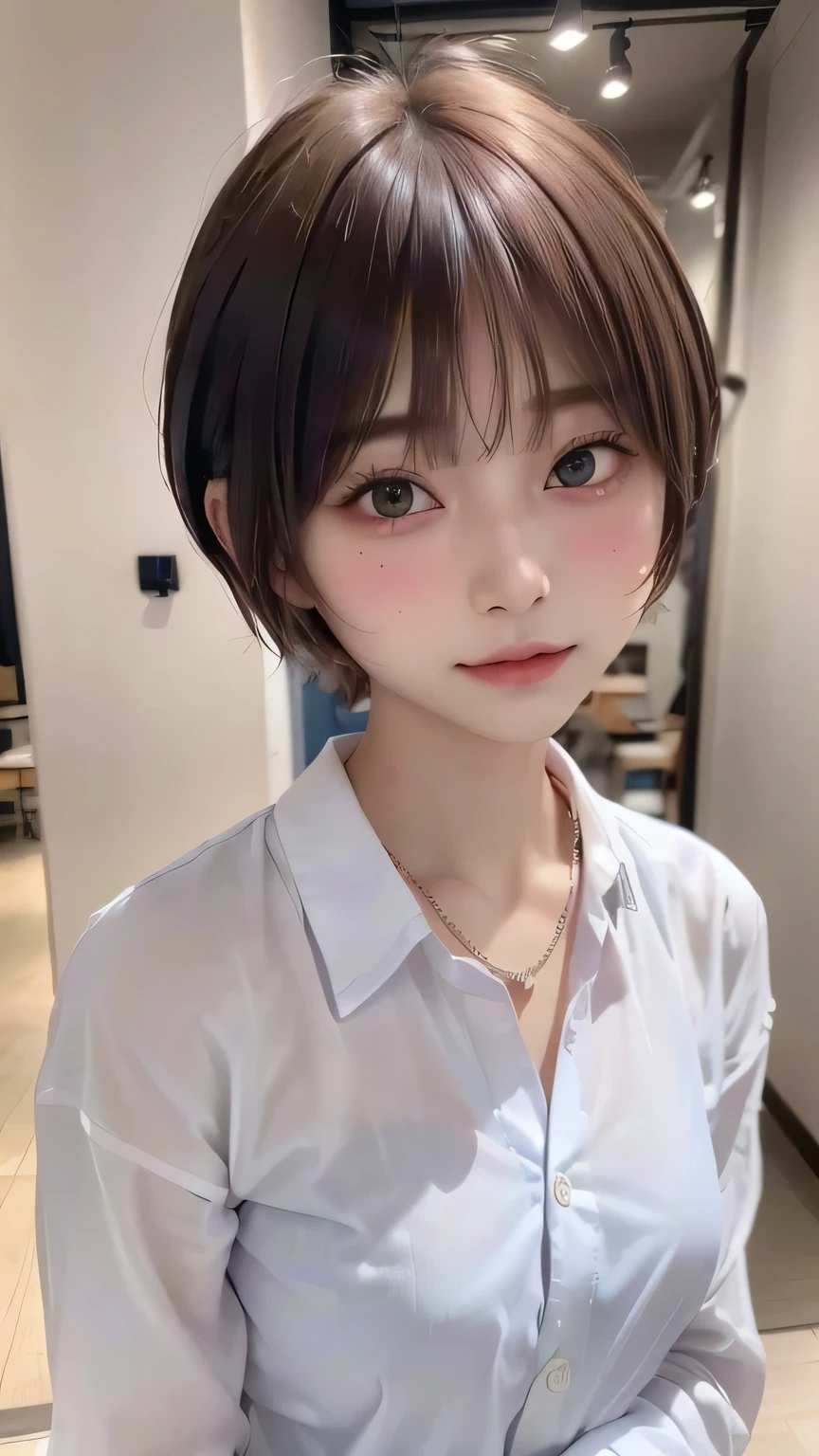 (surreal)、(High resolution)、(8K)、(very detailed)、(beautiful detailed eyes)、(highest quality)、(super detailed)、(masterpiece)、detailed face)、solo、1 girl、looking at the viewer、Detailed、Pure erotic face ace_V1、short hair、(White collared suit shirt),A little bit of her white underwear is visible,Waking up,cute face,middle School girls,blushing cheeks,whole body