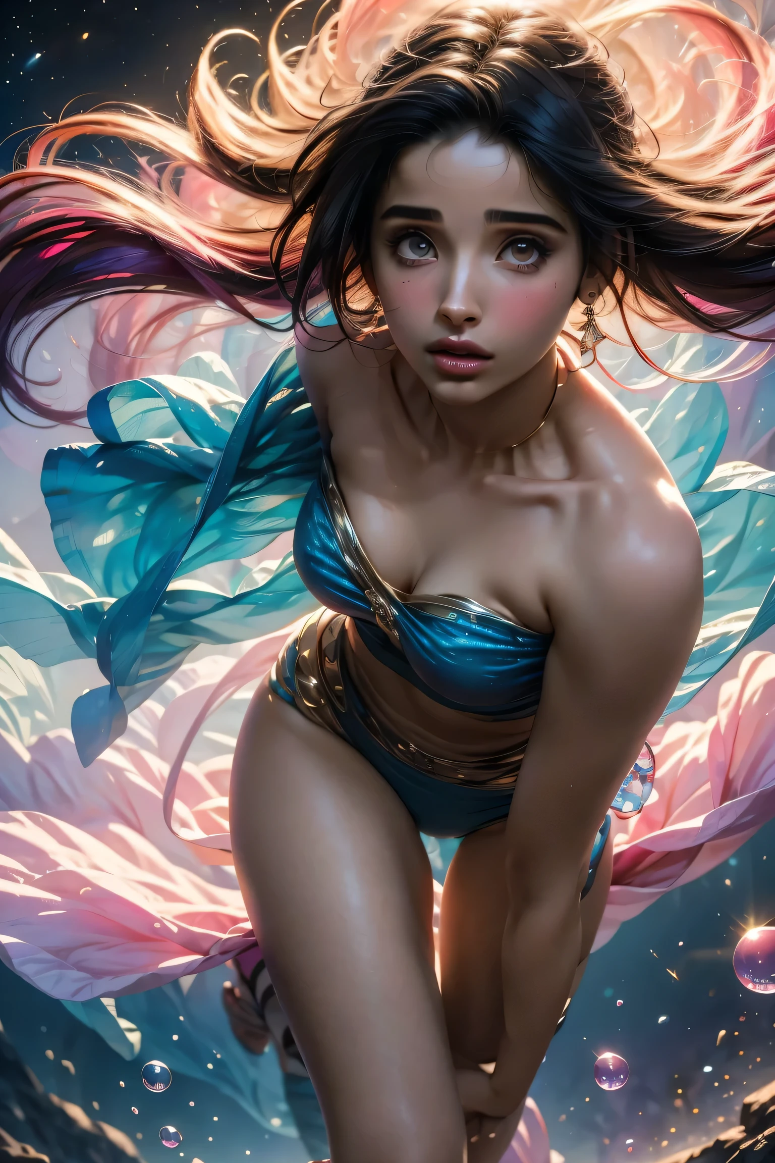 ((masterpiece)). This artwork is sweet, dreamy and ethereal, with soft pink watercolor hues and candy accents. Generate a delicate and demure fae exploring a (bubblegum world with a wide variety of pastel shades). Her sweet face is extremely detailed and realistic with elegant features and a fierce expression, and looks like ((((naomi scott)))). Include mature features and stunning, highly realistic eyes. Her eyes are important and should be realistic, highly detailed, and beautiful. In high definition and detail, include lots of details like stars, galaxies, colorful bubbles, colorful petals, and lots of energy and emotion! The stars and colorful bubblegum bubbles are important! Include fantasy details, enhanced details, iridescence, colorful glittering wind, and pollen. Pay special attention to her face and make sure it is beautifully and realistically detailed. The image should be dreamy and ethereal.8k, intricate, elegant, highly detailed, majestic, digital photography ( add full body )