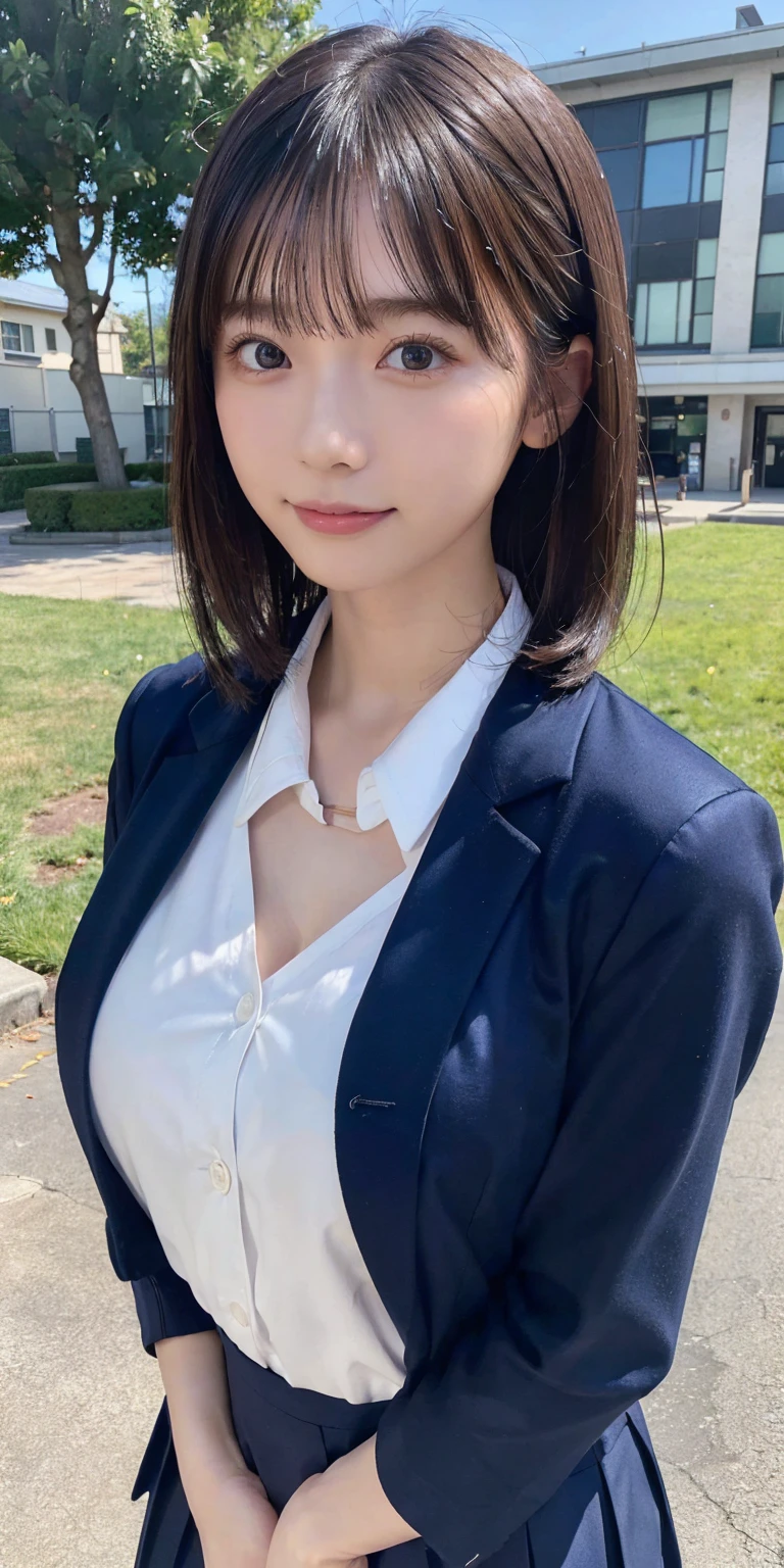 ((Best of the highest quality, 8k, Masterpiece, raw photo: 1.2)), (Sharp focus: 1.2), (1 AESPA, slim body type female, 21 y/o: 1.1), (solo: 1.28), (realistic, photo-realistic:1.37), face focus, cute face, finely eyes, (droopy eyes: 1.32), (Emphasize prominent aegyo-sal with bright: 1.2), shimmering eyeshadow applied under the lower lash line, paired with thick, (small breasts, flat chest, Thigh: 1.3), (short bob hair: 1.28), (neat bra, business suit skirt: 1.32), walking in rice field, paddy field, flower, (from below: 1.12)